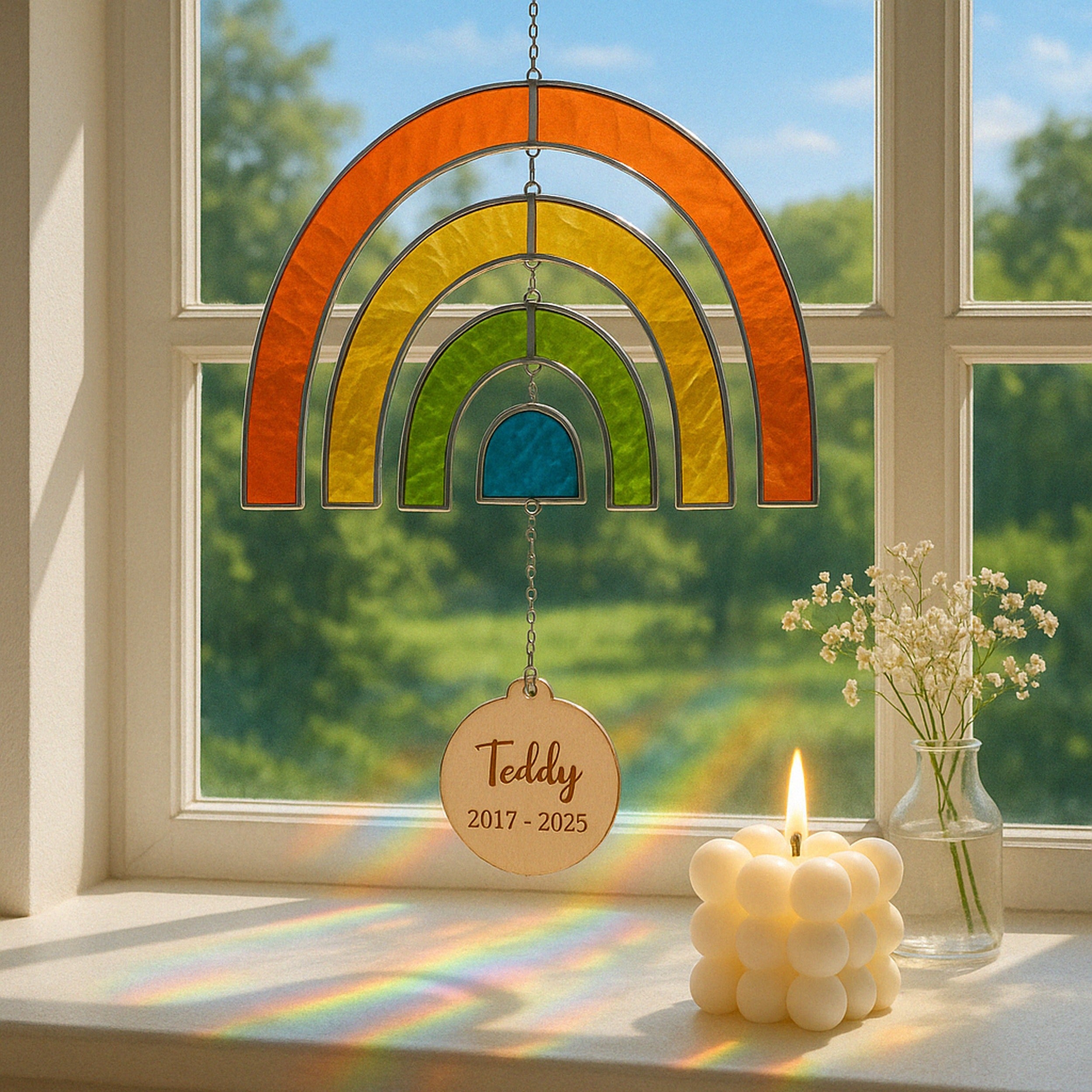 Atrapasueños arcoíris conmemorativo para mascotas en vitrales para ventana