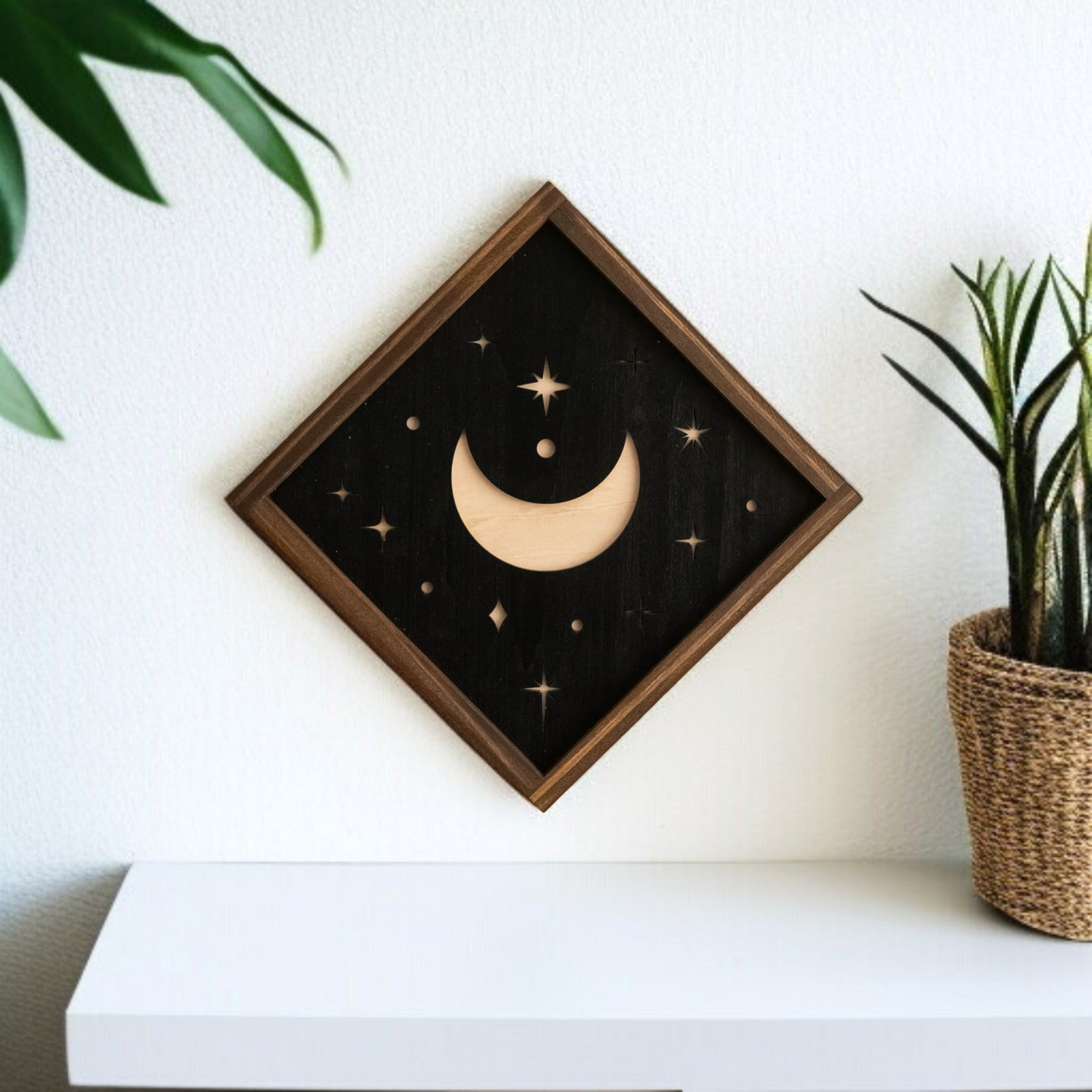 Arte de pared de madera con sol y luna para una decoración bohemia celestial