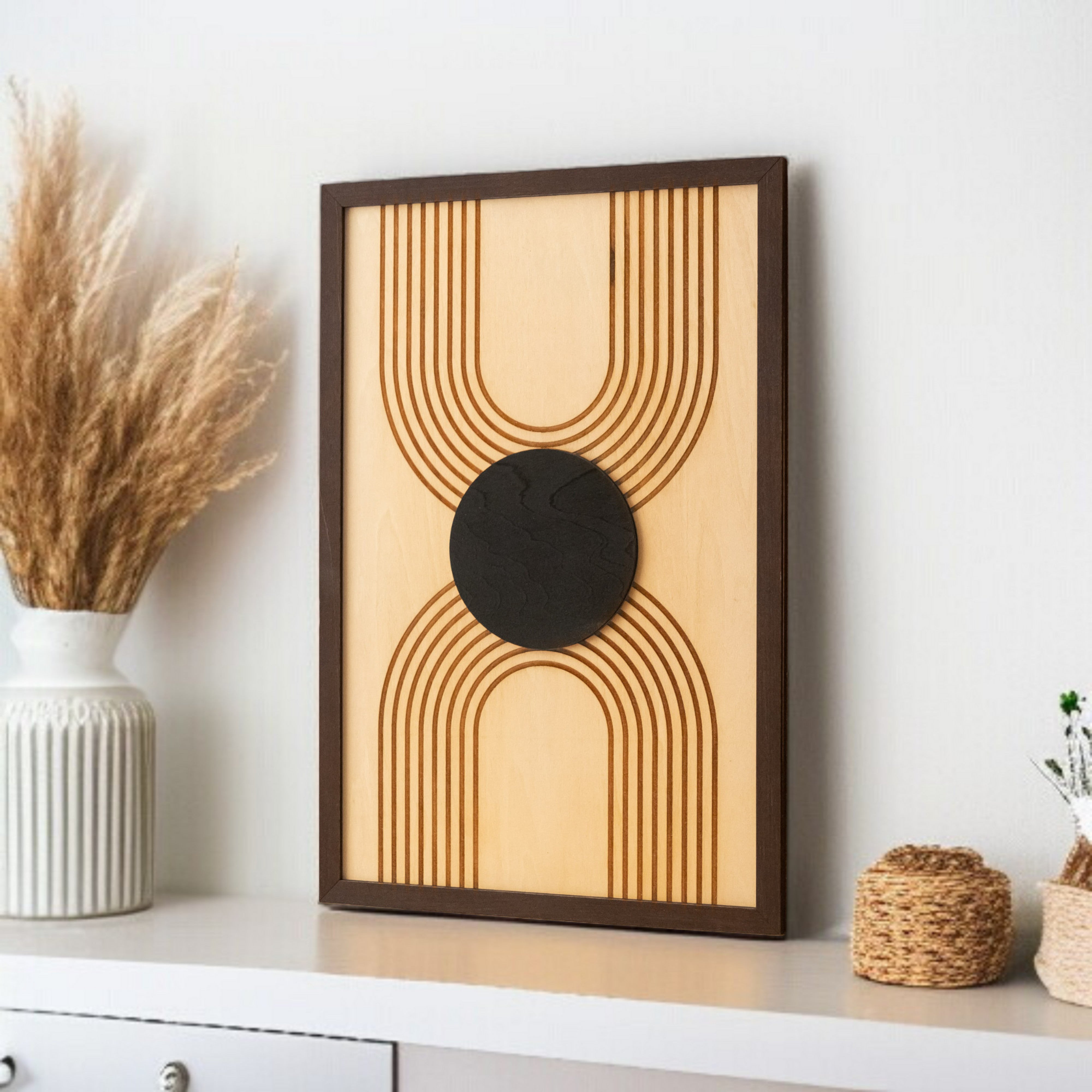Arte de pared de madera con sol y luna para una decoración bohemia celestial