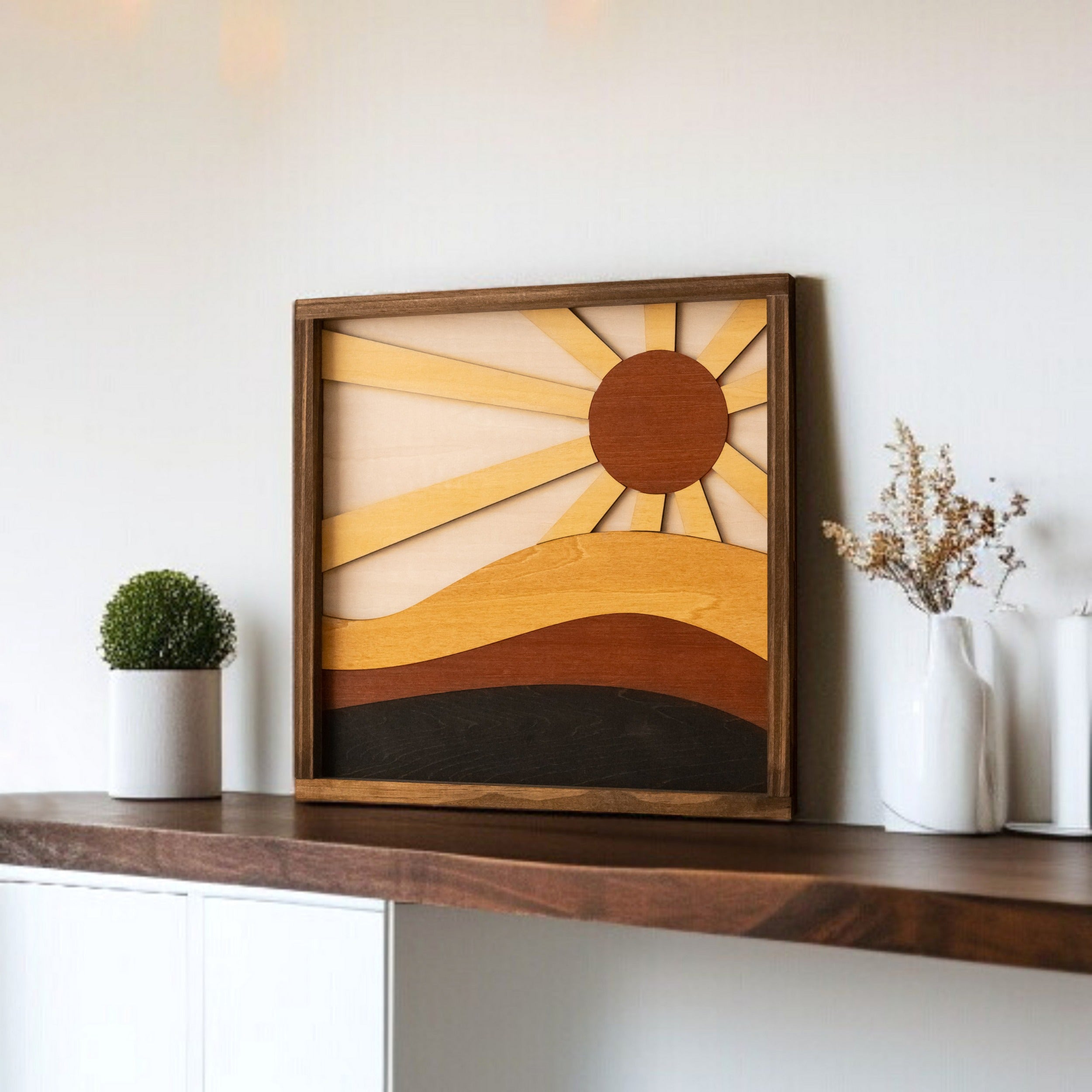 Arte de pared de madera con sol y luna para una decoración de pared de inspiración celestial