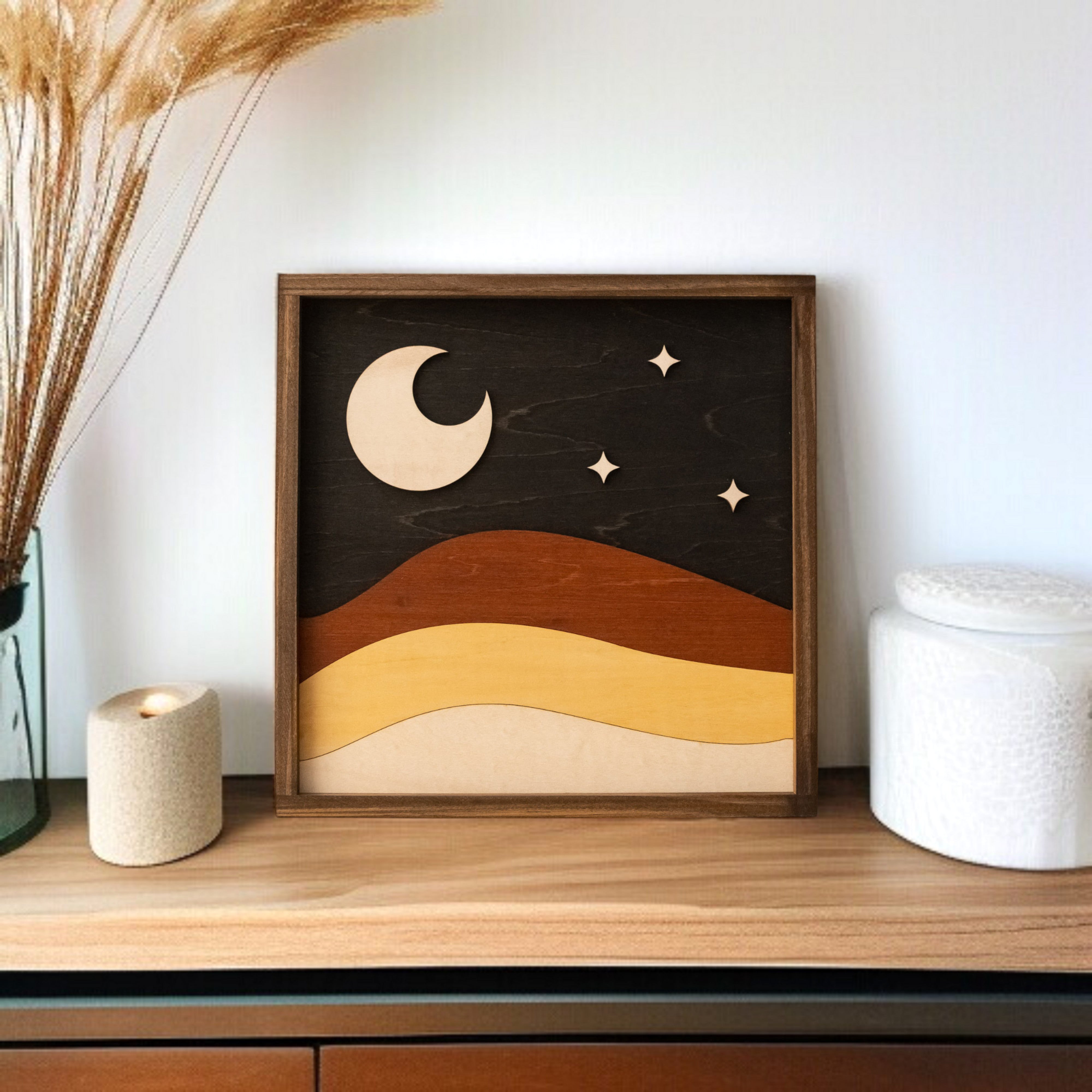 Arte de pared de madera con sol y luna para una decoración de pared de inspiración celestial
