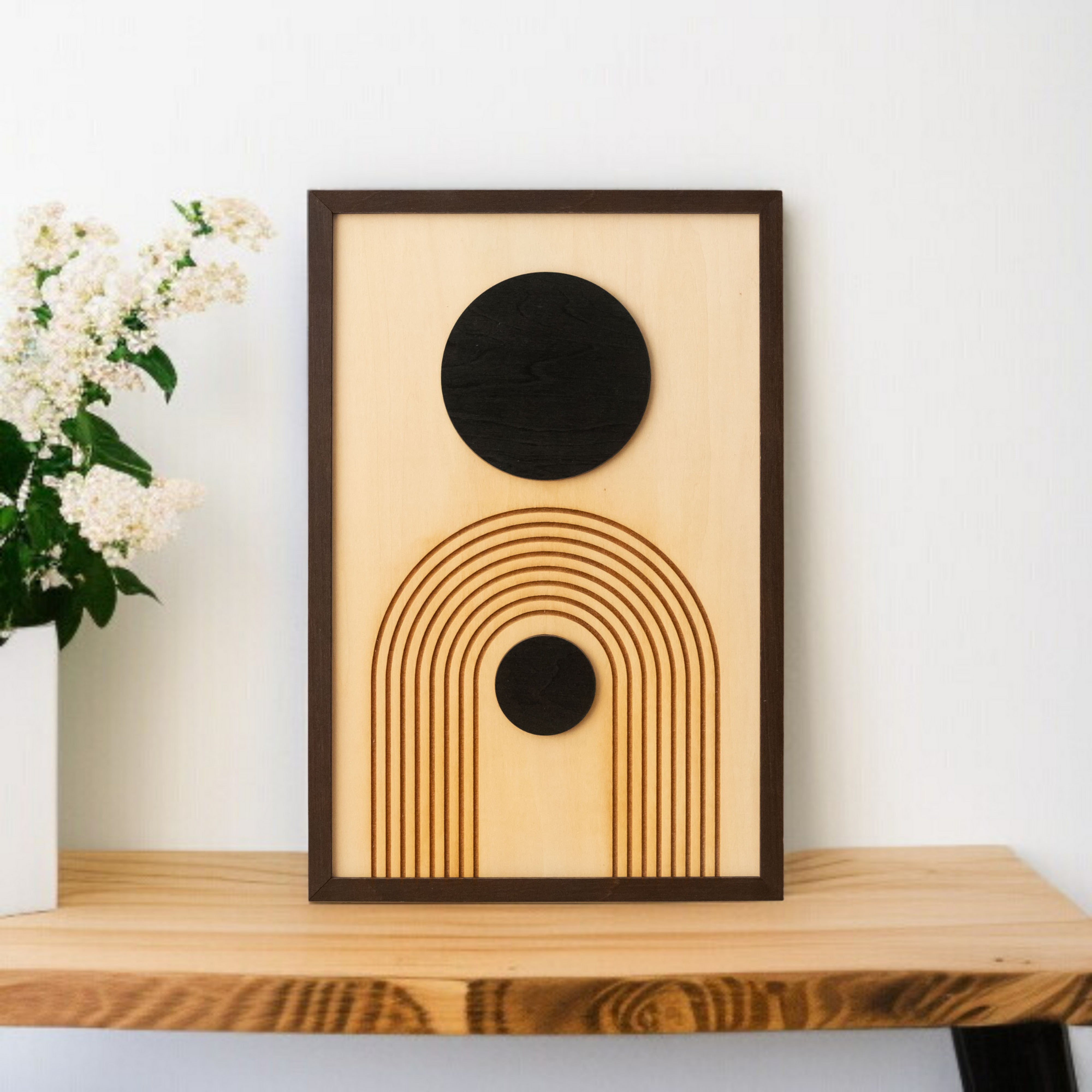 Arte de pared de madera con sol y luna para una decoración bohemia celestial