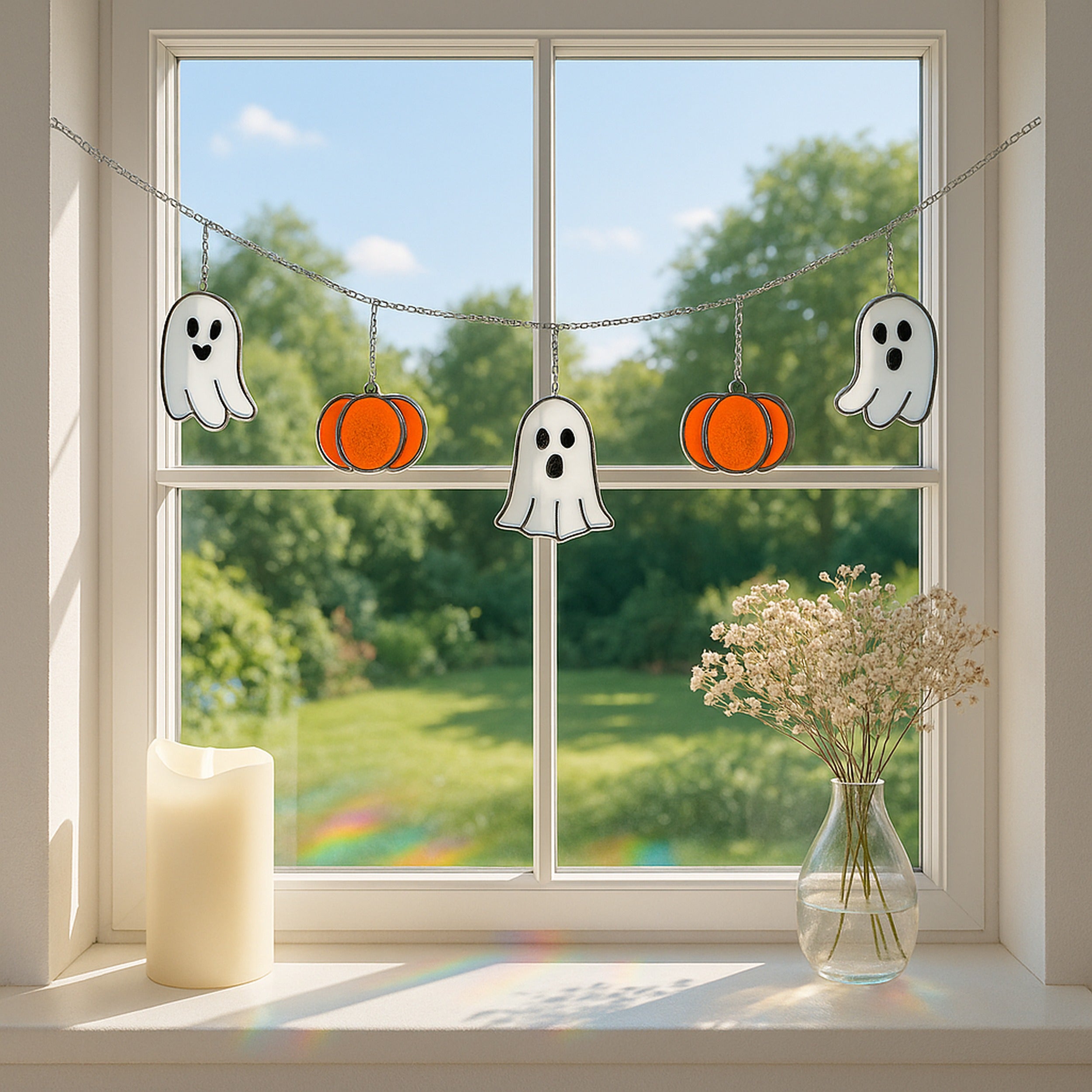 Halloween Ghost Pumpkin Stained Glass Garland for decorations Q14