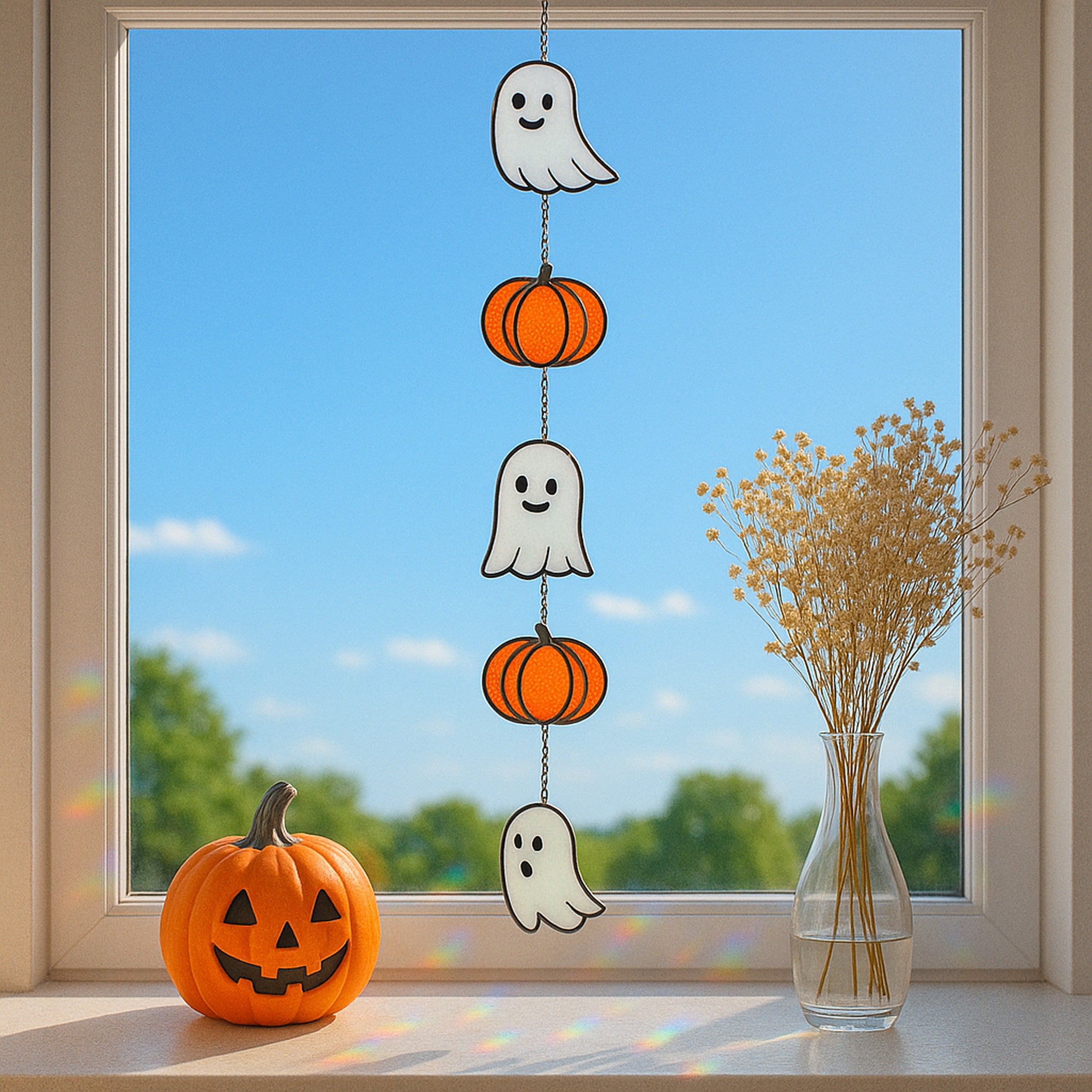 Halloween Ghost Pumpkin Stained Glass for decorations, and Q15