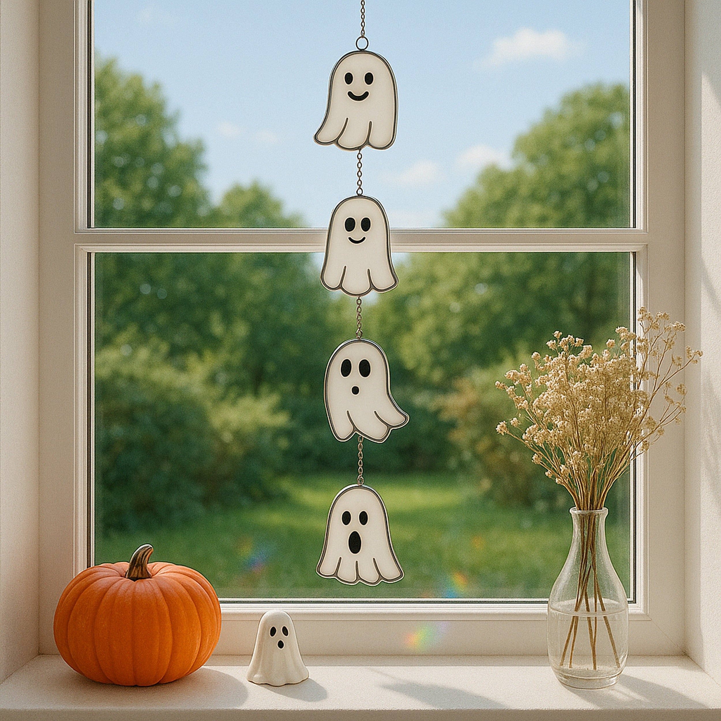 Halloween Ghost Pumpkin Stained Glass for decorations, and Q15