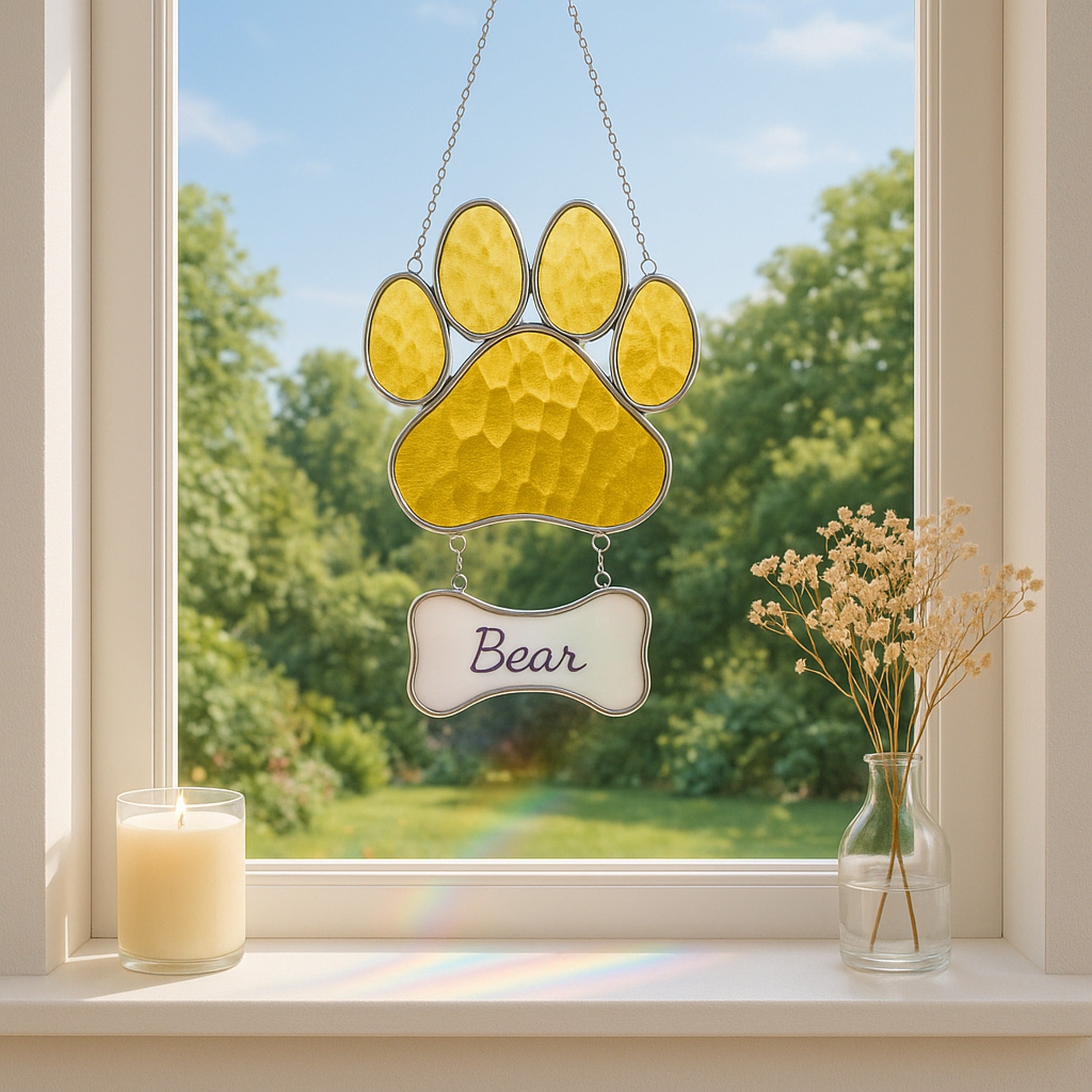 Stained Glass Pet Paw Suncatcher for Memorial pet keepsake, art Q19