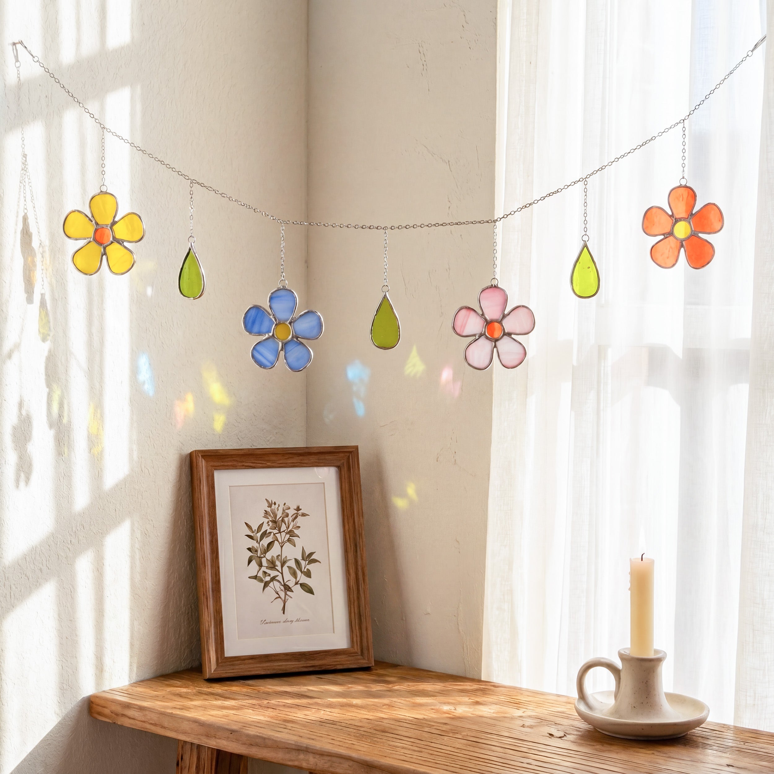 Stained Glass Flower Garland Decor and Boho Window Hanging F97