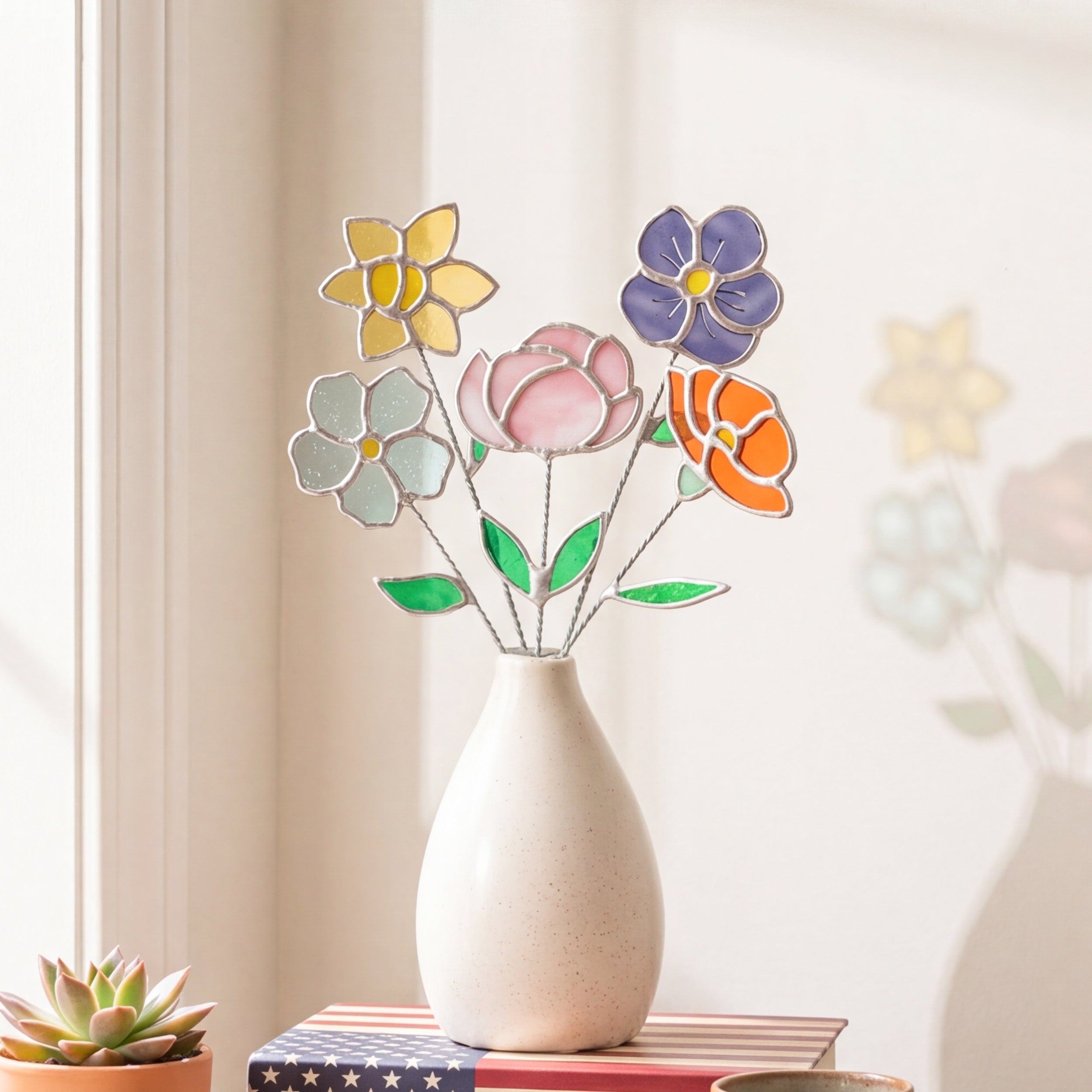 Stained Glass Birth Month Flower Decorative Accent for Home Flower Decoration Q11