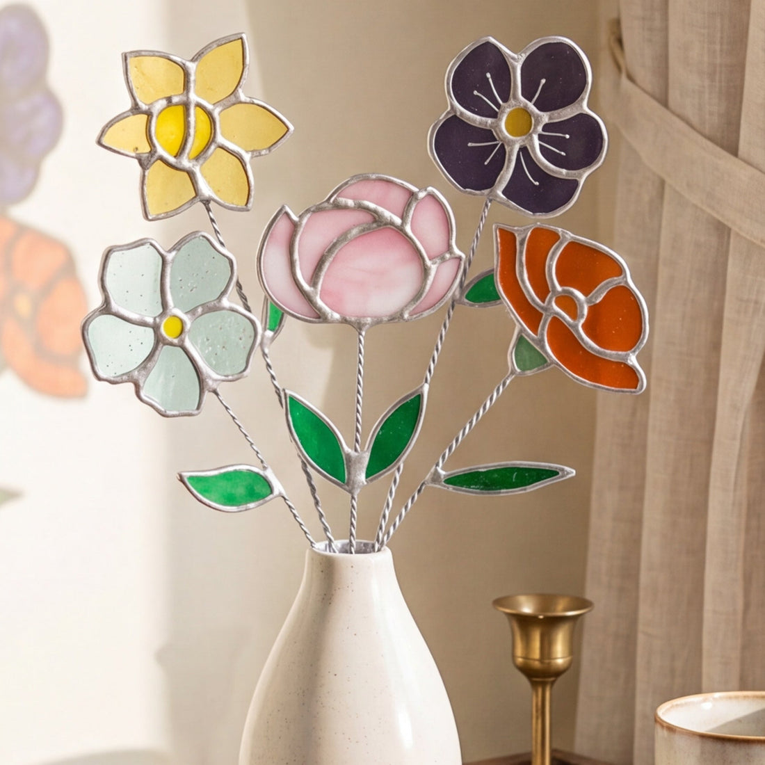 Stained Glass Birth Month Flower Decorative Accent for Home Flower Decoration Q11