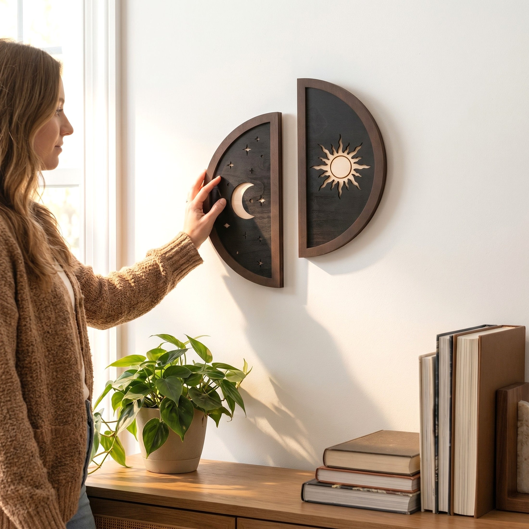 Wooden Sun Moon Wall Art for Celestial wall art, decor Y57