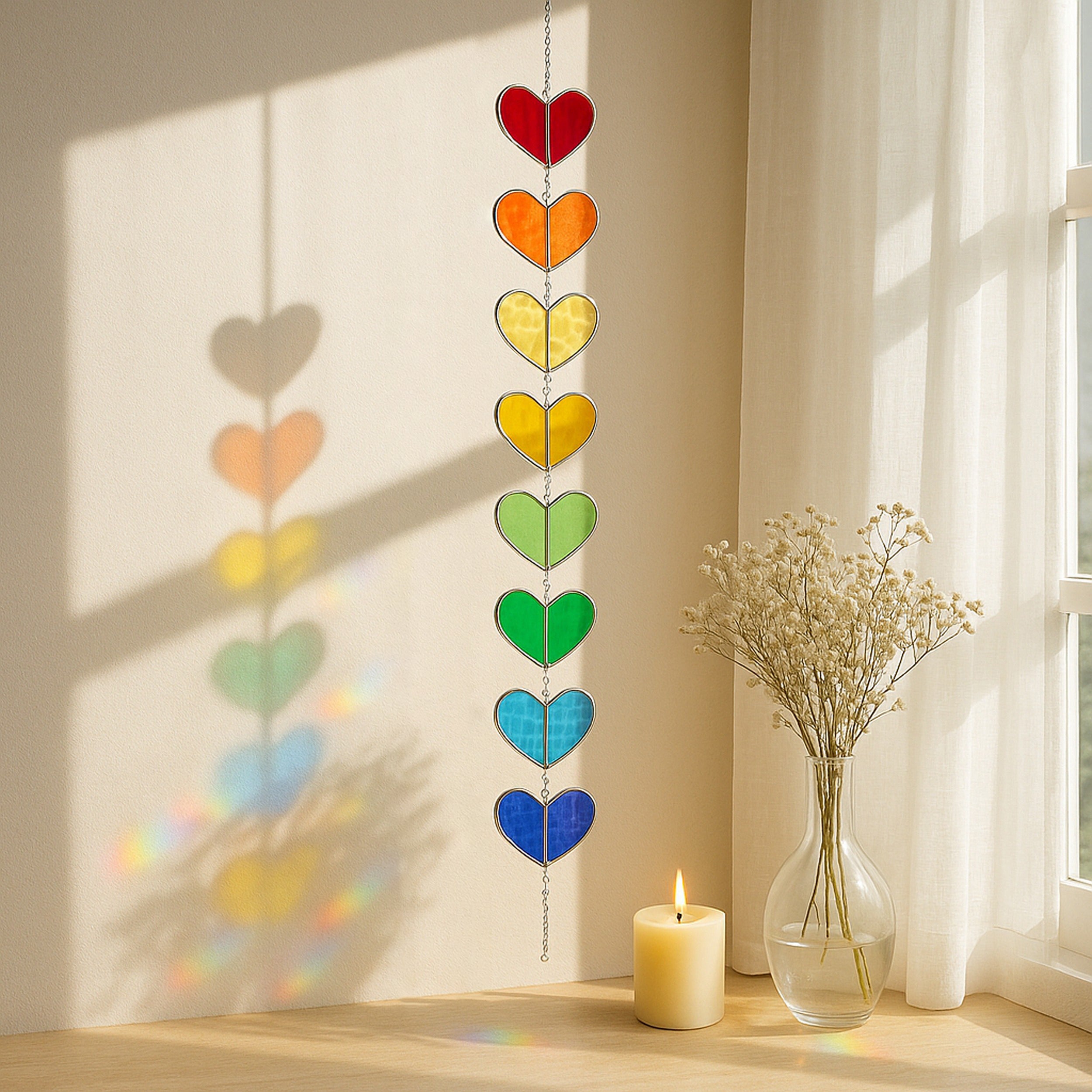 Rainbow Heart Glass Garland Decor and Window Ornaments F22