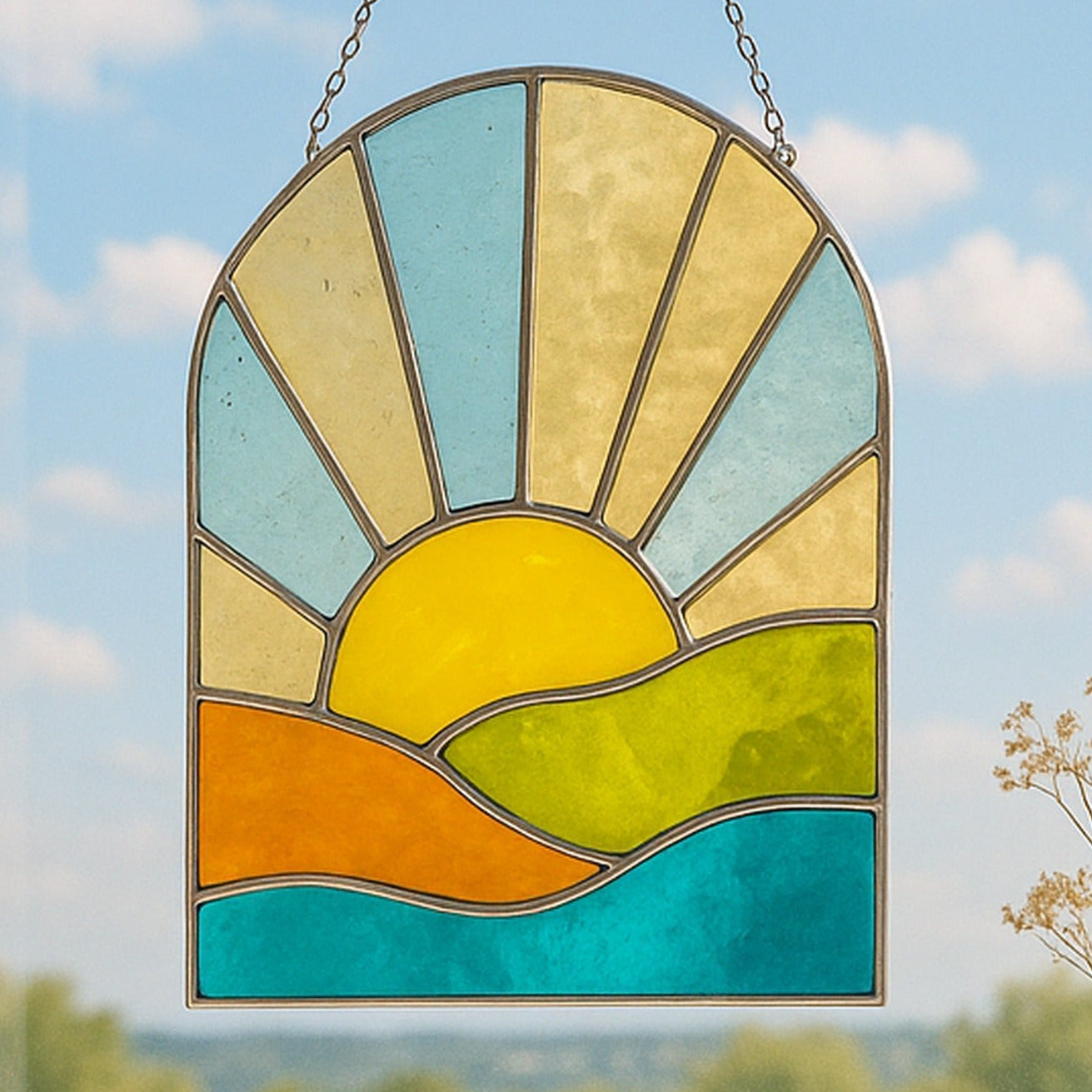Stained Glass Sun Suncatcher for Boho Window Decor F93