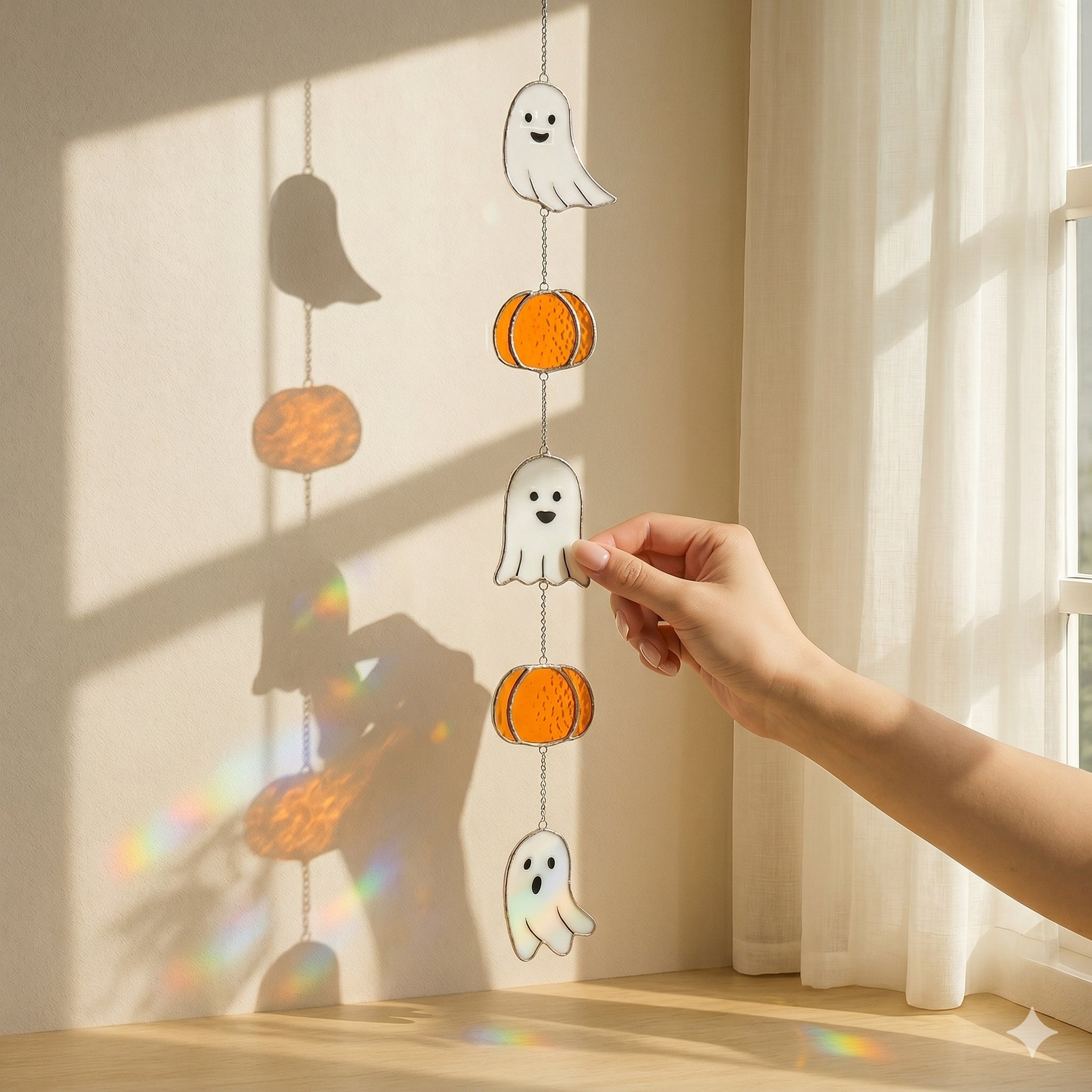 Halloween Ghost Pumpkin Stained Glass for decorations, and Q15