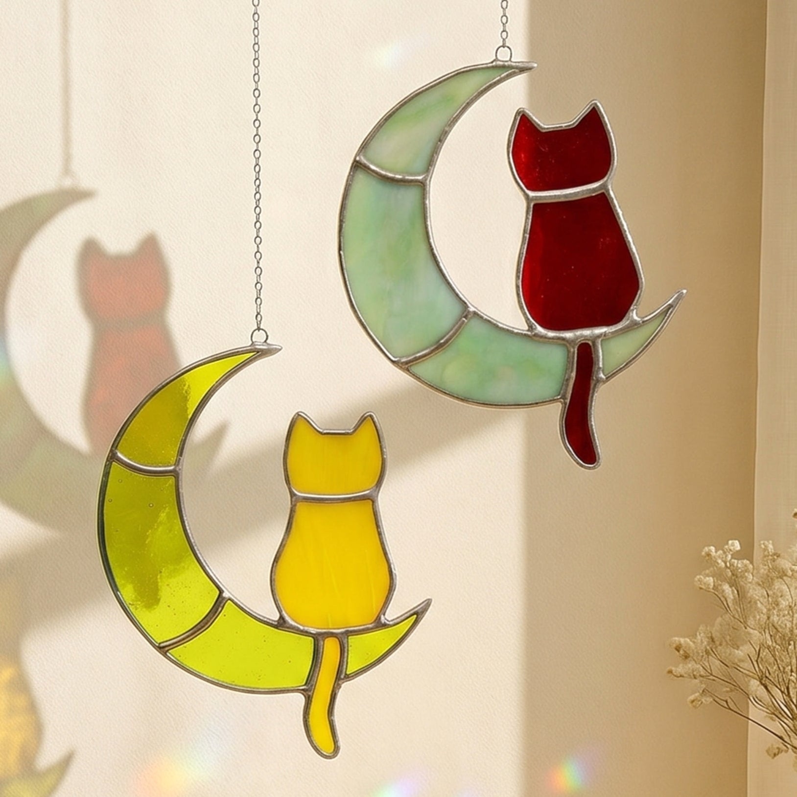 Stained Glass Cat on Crescent Moon decor and Window Stained Glass F13