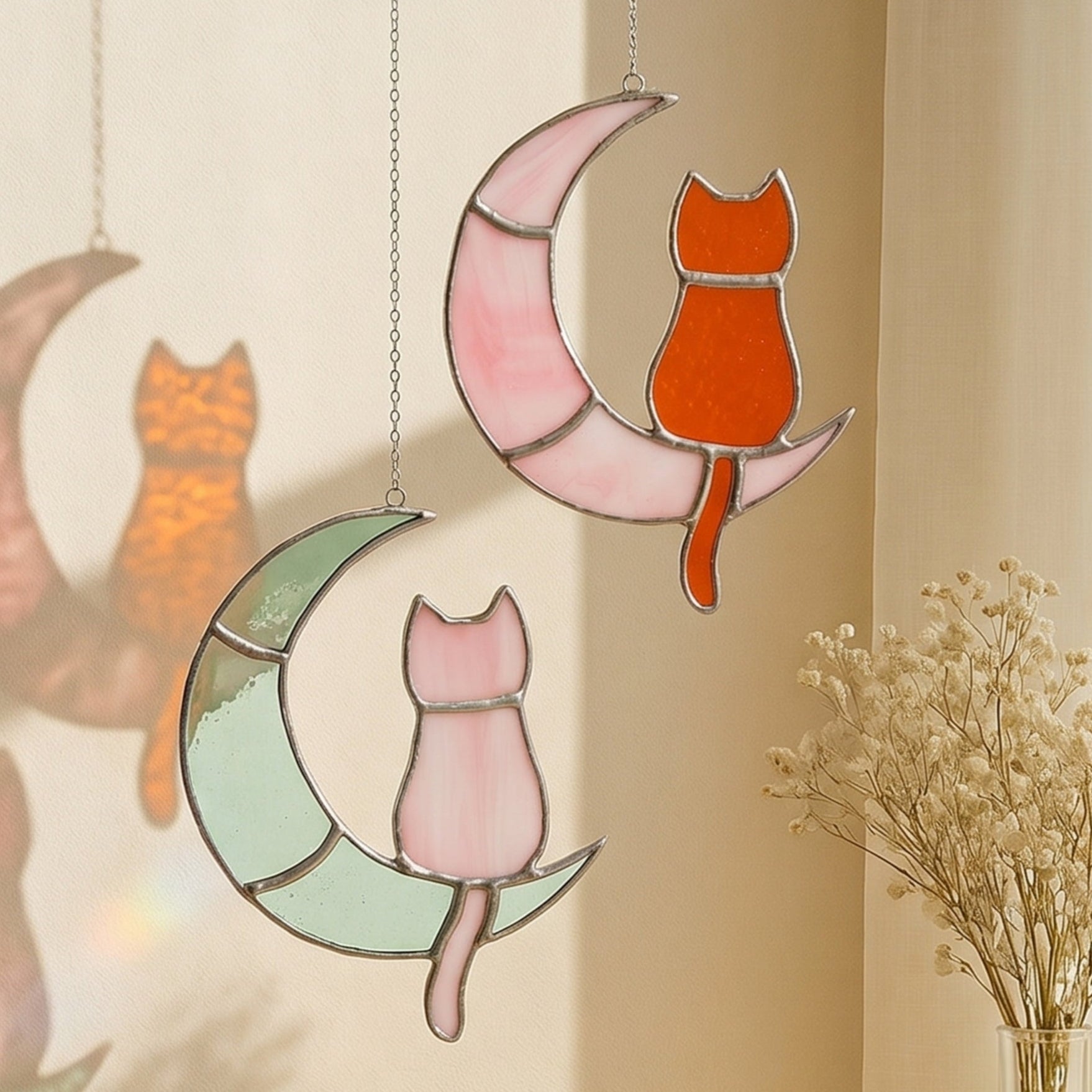 Stained Glass Cat on Crescent Moon decor and Window Stained Glass F13