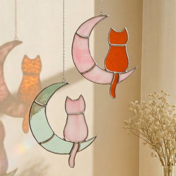 Stained Glass Cat on Crescent Moon decor and Window Stained Glass F13