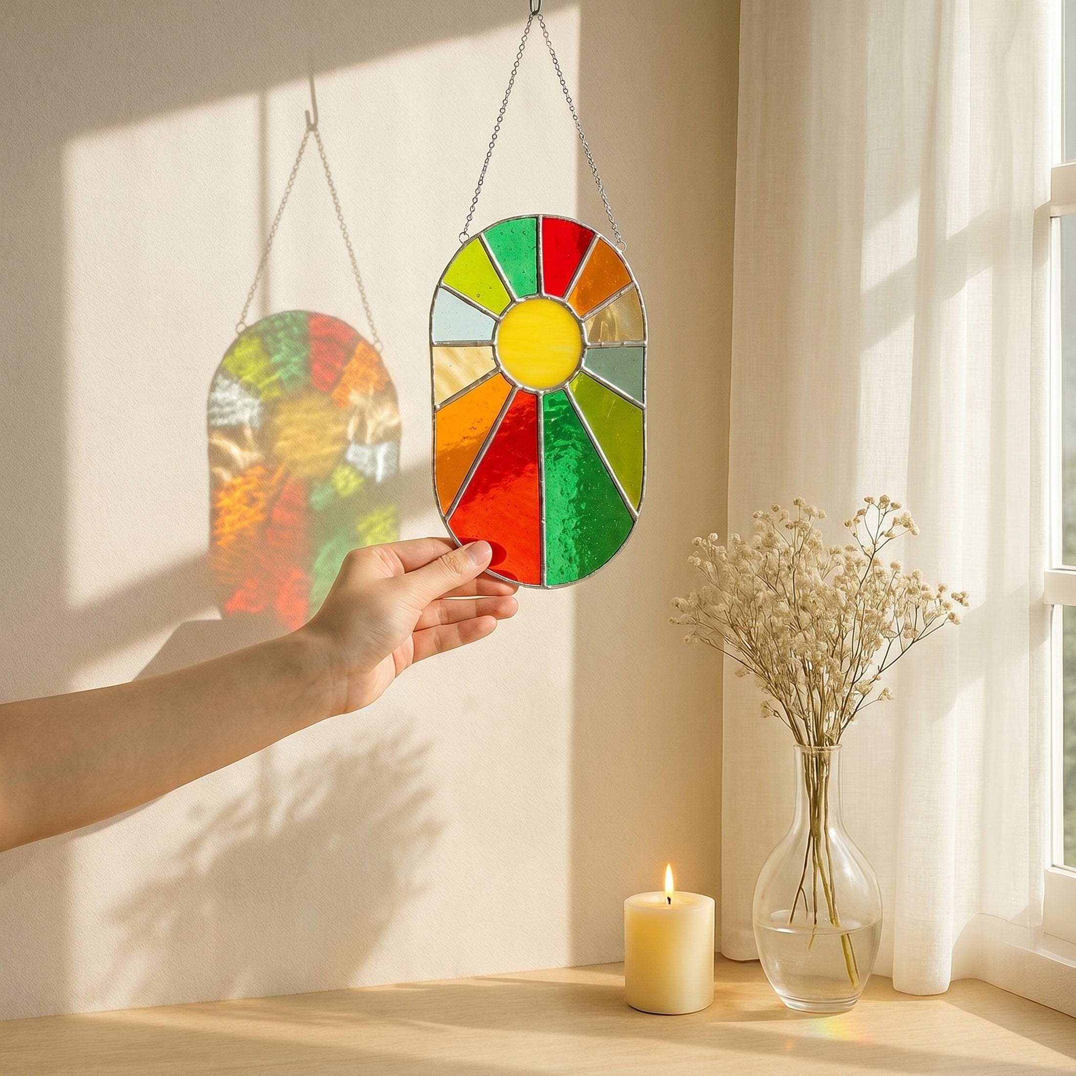 Rainbow Suncatcher Stained Glass, Modern stained glass wall art Q25