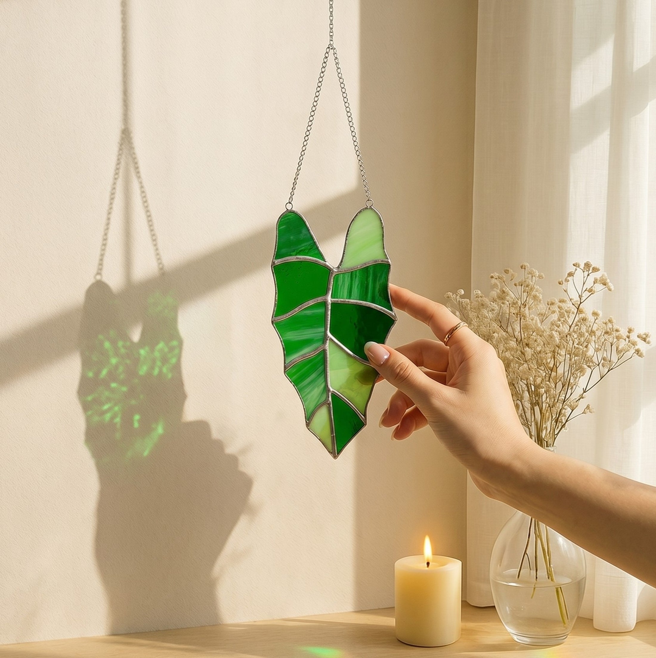 Leaf Stained Glass, Boho wall hanging and glass art F37