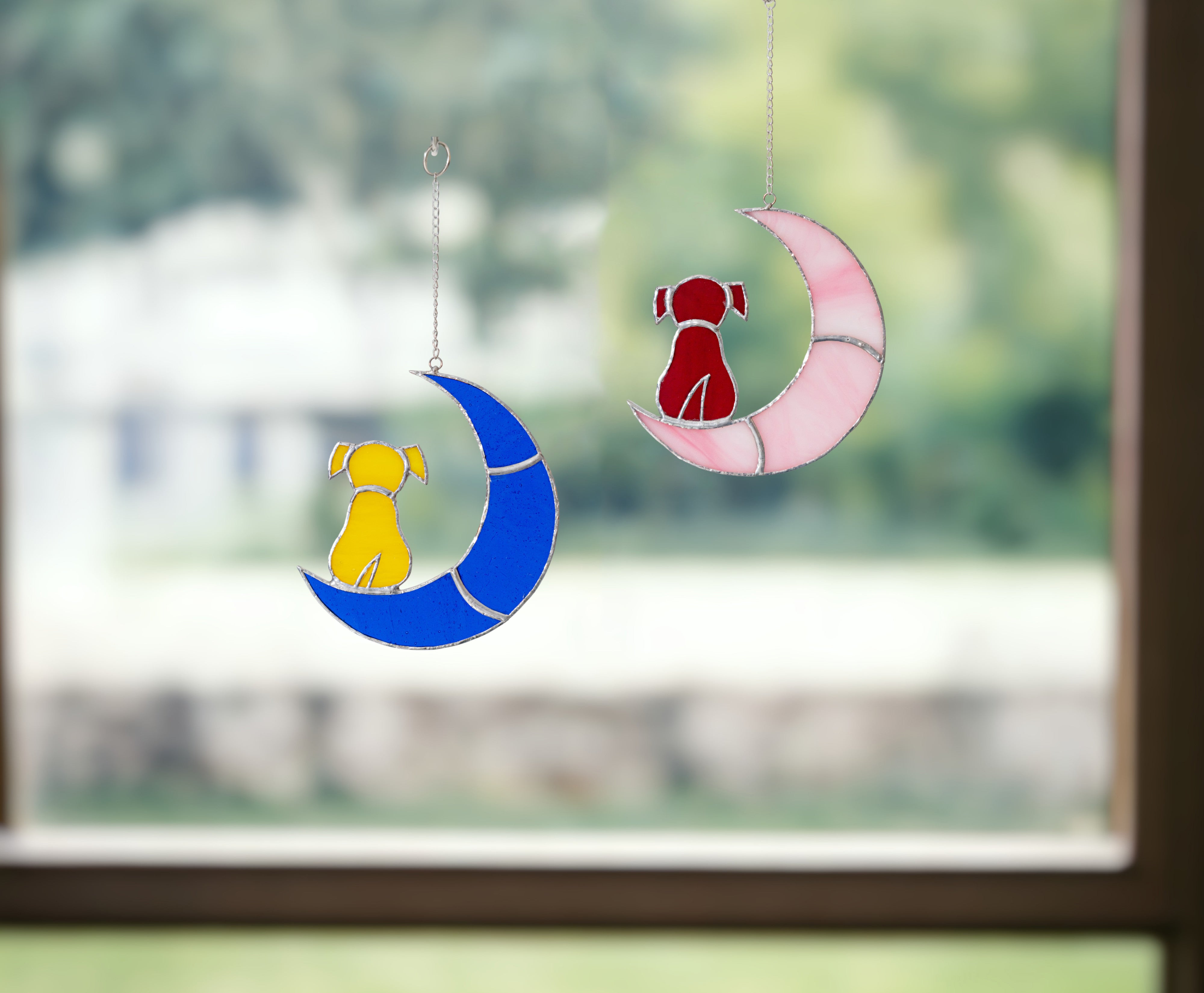 Stained Glass Dog on Crescent Moon Suncatcher Whimsical Window Decor for Dog Lovers