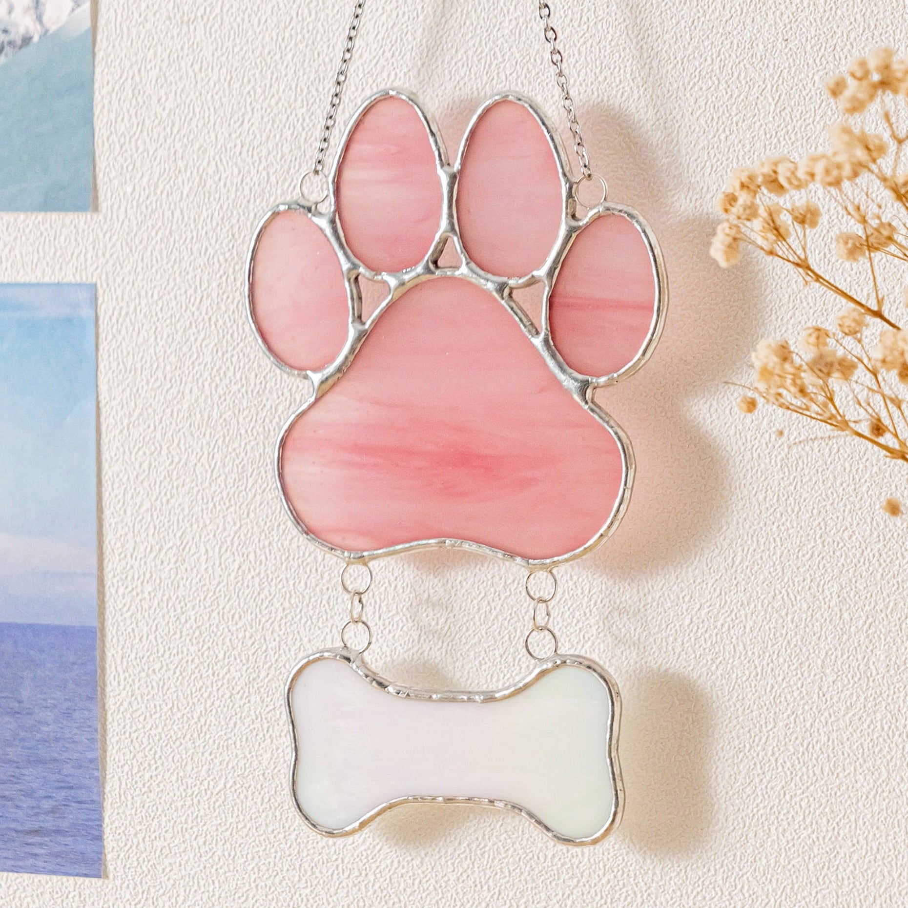 Stained Glass Pet Paw Suncatcher, Pet memorial gift and art Q19
