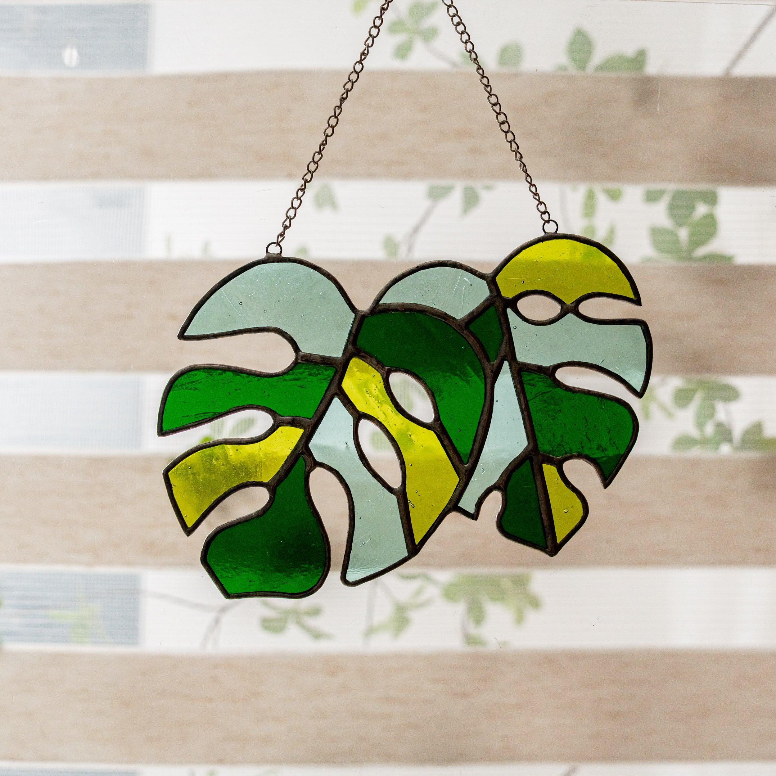 Duo of Monstera Leaf Stained Glass for Bright and Tropical Home Accents