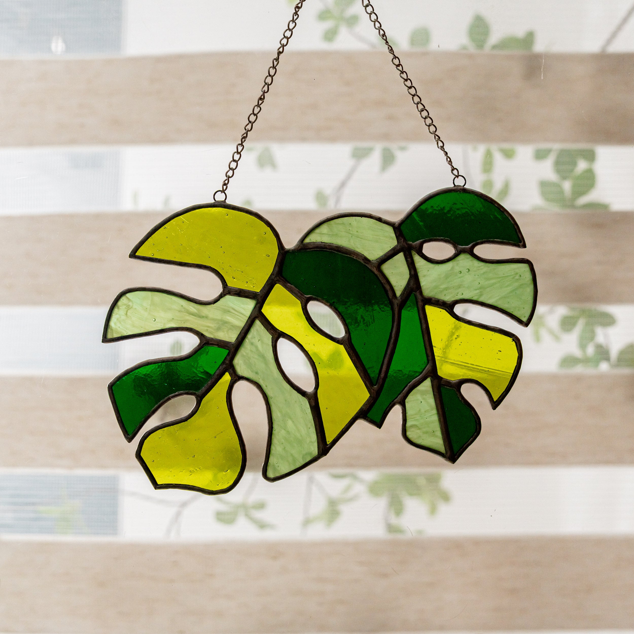 Pair of Monstera Leaf Stained Glass Art for Lively Home Accents