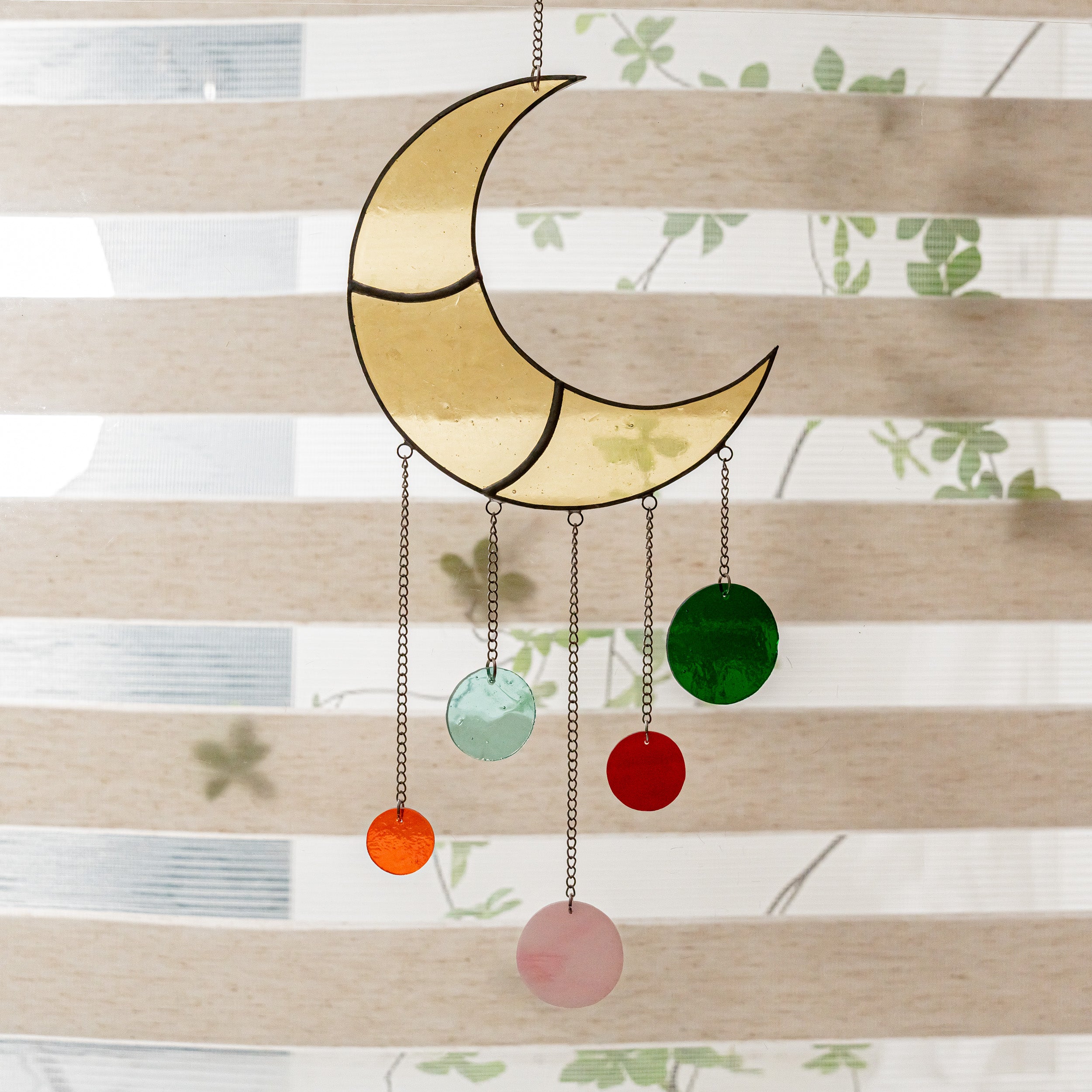 Stained Glass Moon Wind Chime, Boho wall decor and art F55