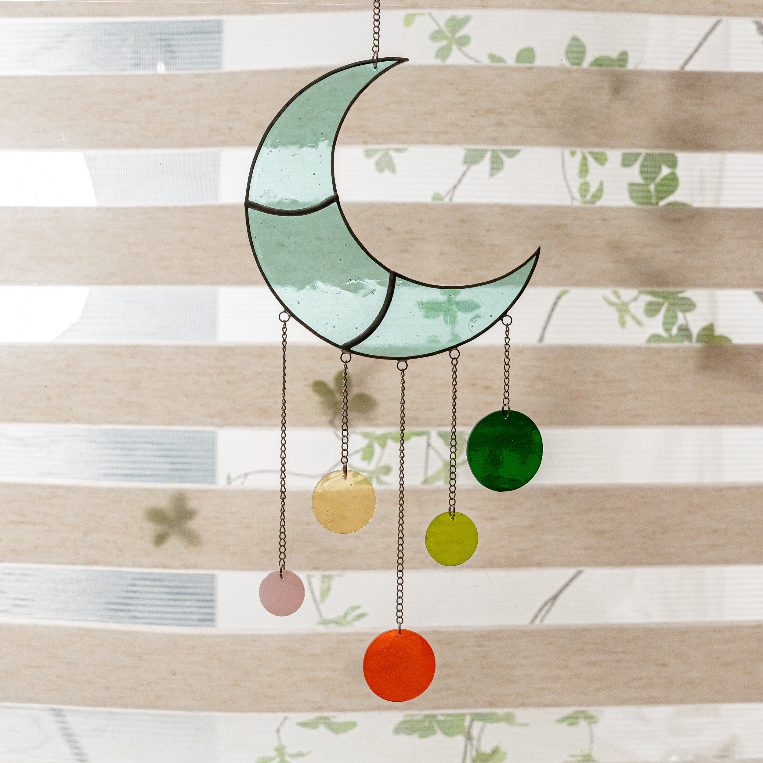 Stained Glass Moon Wind Chime, Boho wall decor and art F55
