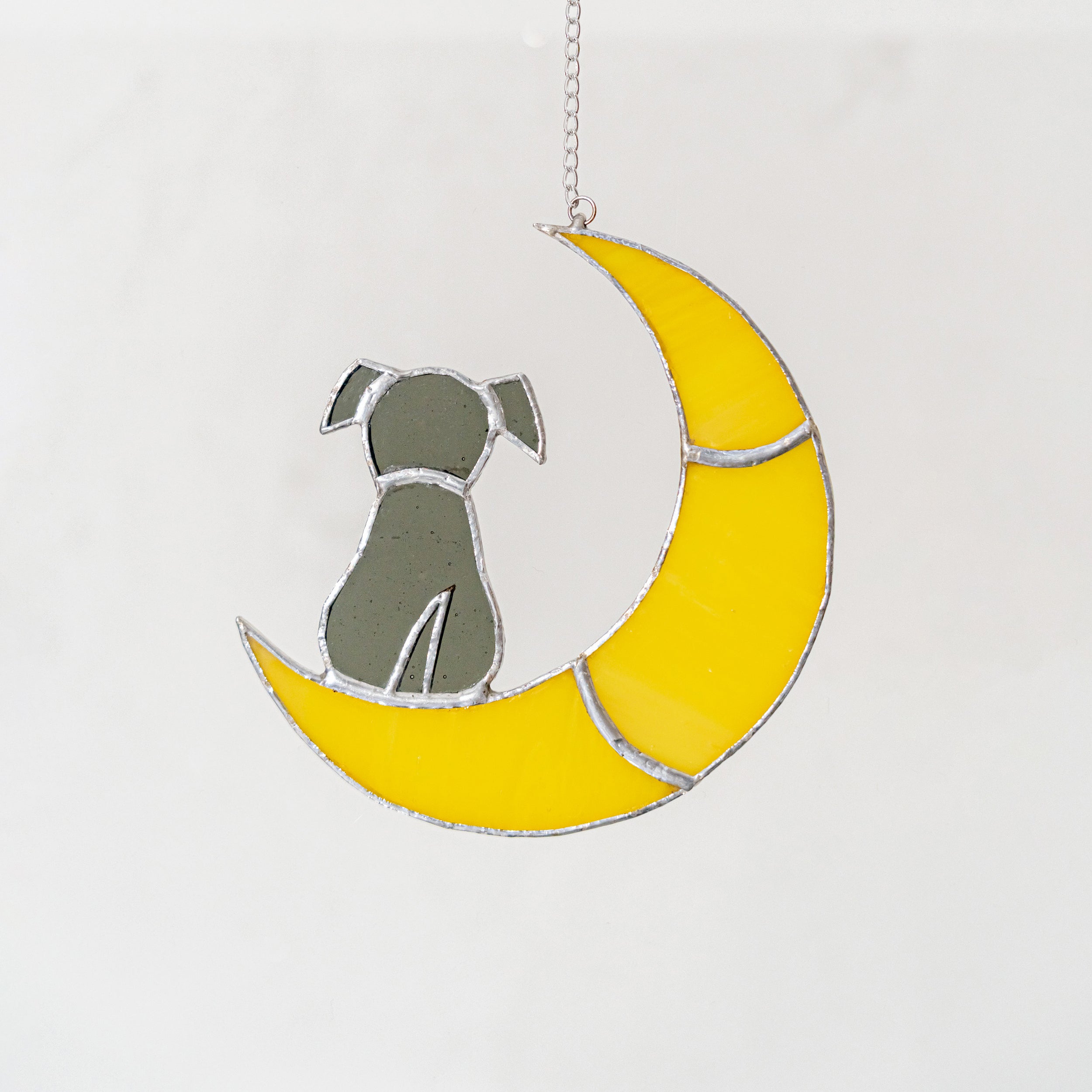 Stained Glass Dog on Crescent Moon Suncatcher Whimsical Window Decor for Dog Lovers