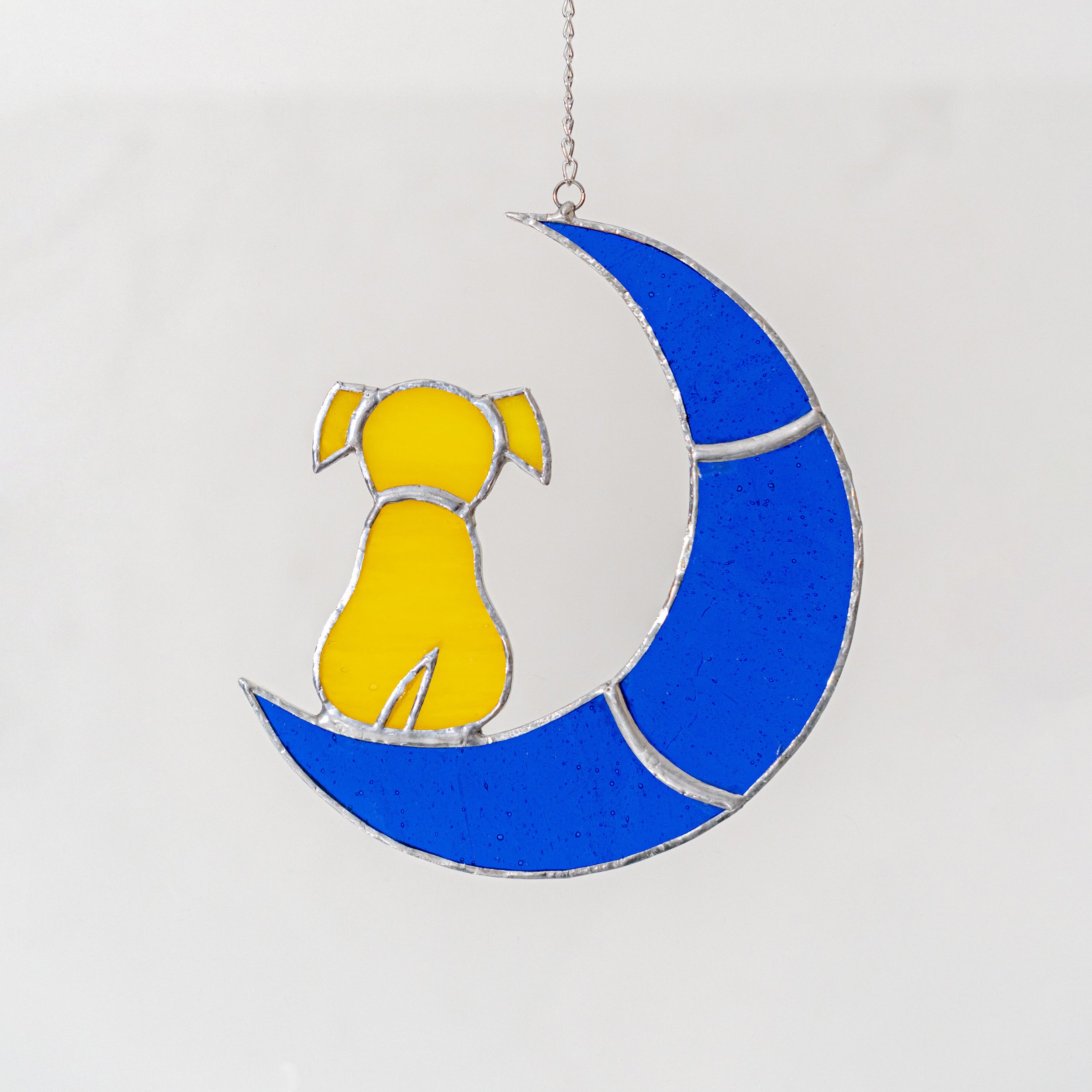 Stained Glass Dog on Crescent Moon Suncatcher Whimsical Window Decor for Dog Lovers