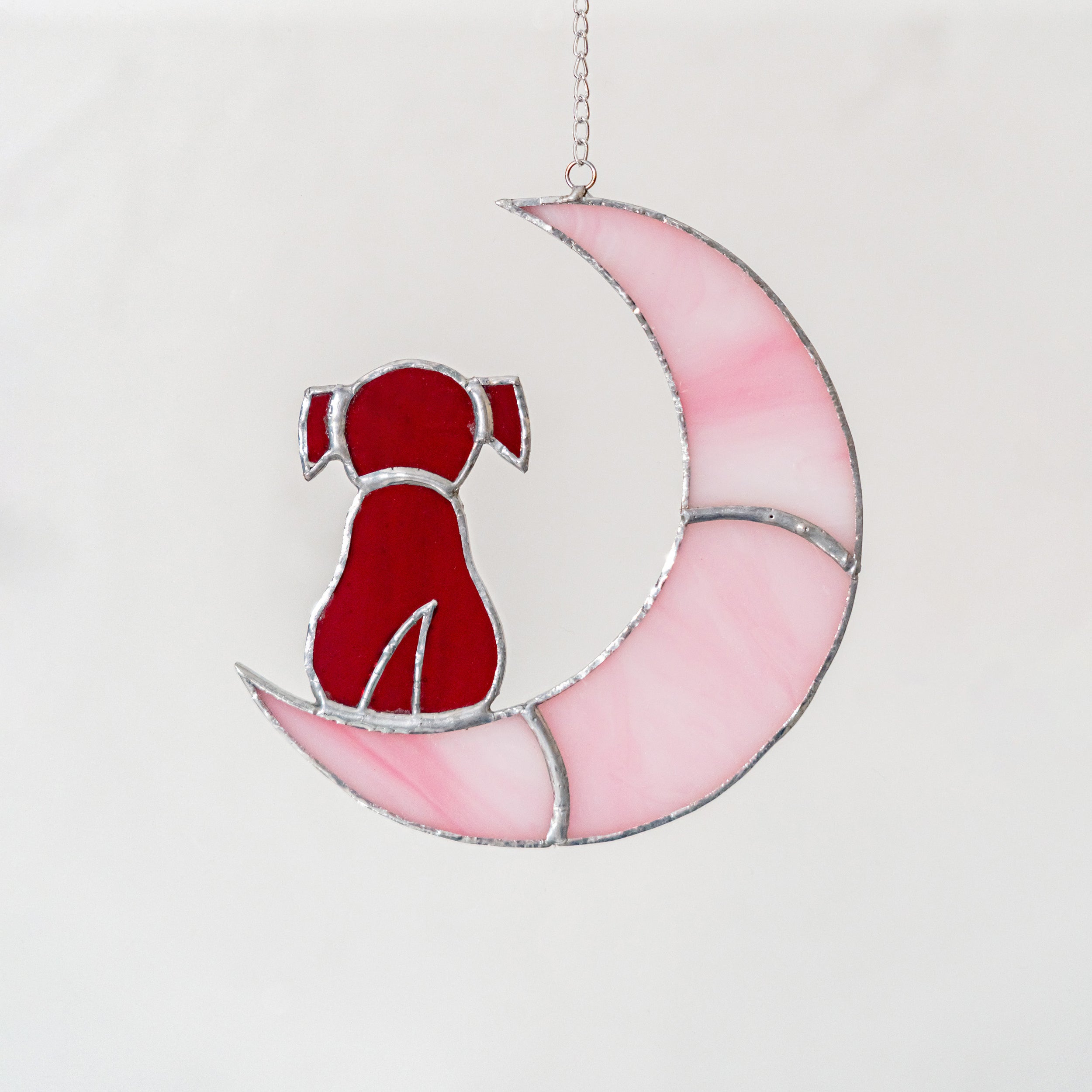 Stained Glass Dog on Crescent Moon Suncatcher Whimsical Window Decor for Dog Lovers