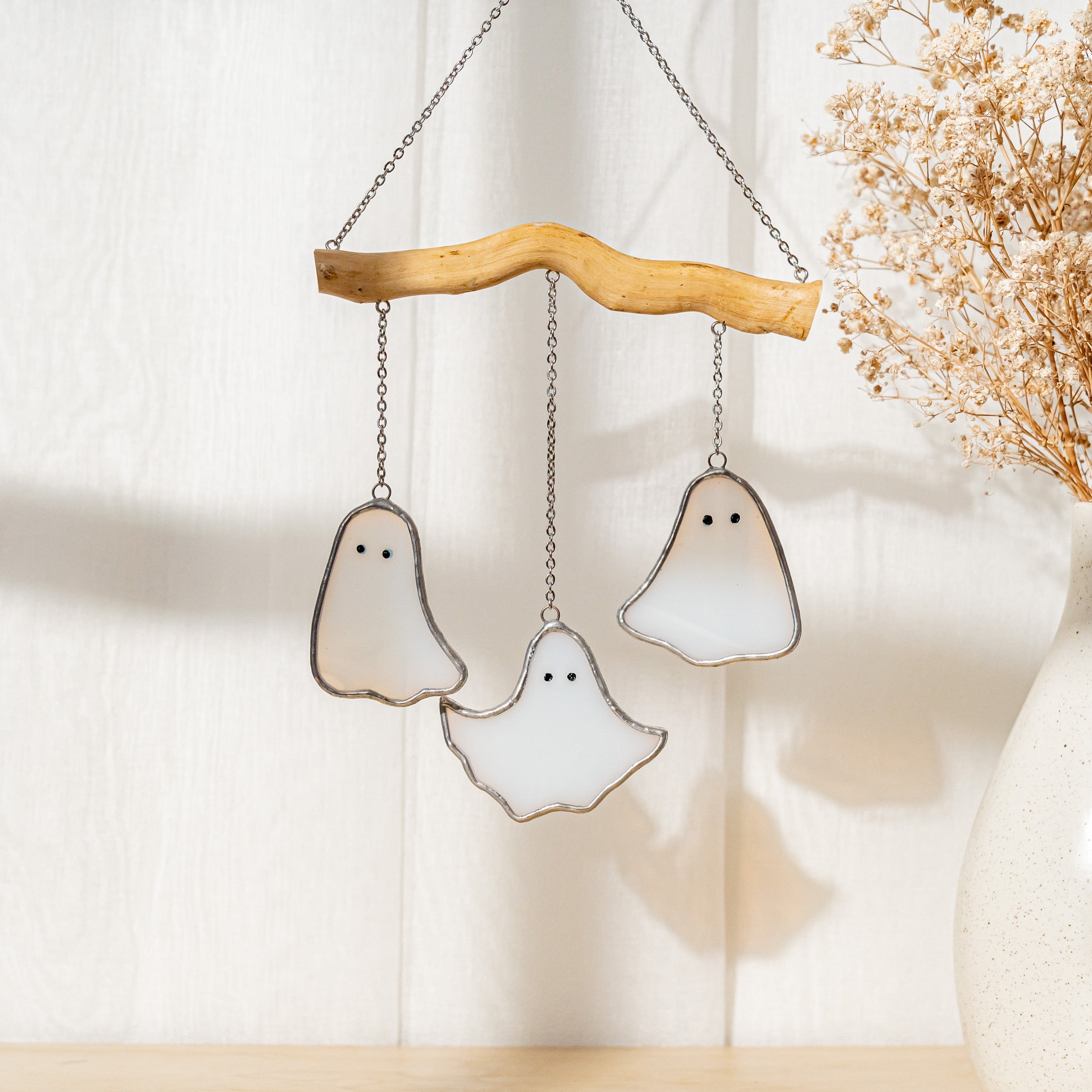 Whimsical Stained Glass Ghost Mobile for Enchanting Halloween Decor