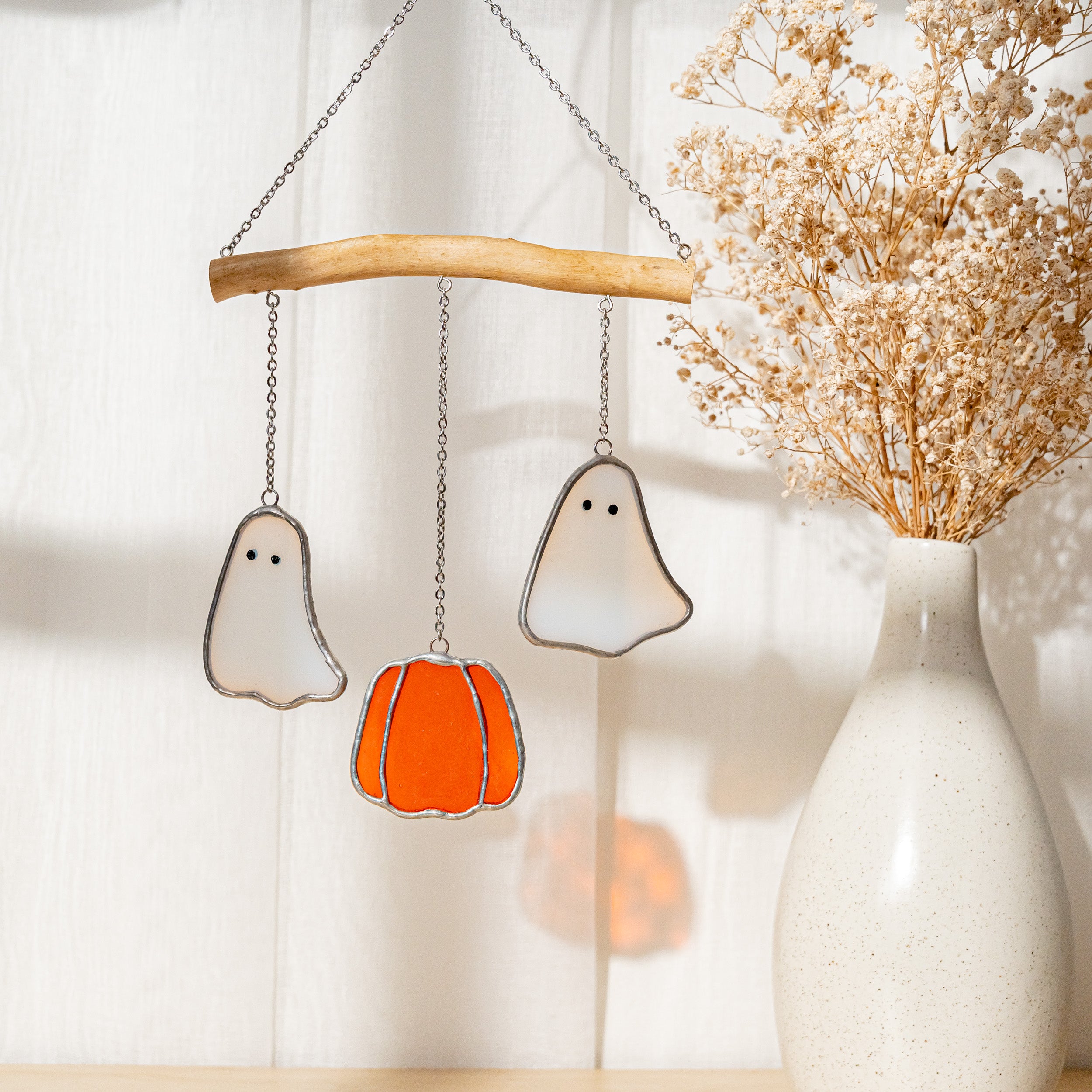 Whimsical Stained Glass Ghost Mobile for Enchanting Halloween Decor