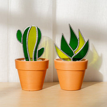 Colorful Cactus Stained Glass Plant Stake for Boho Charm