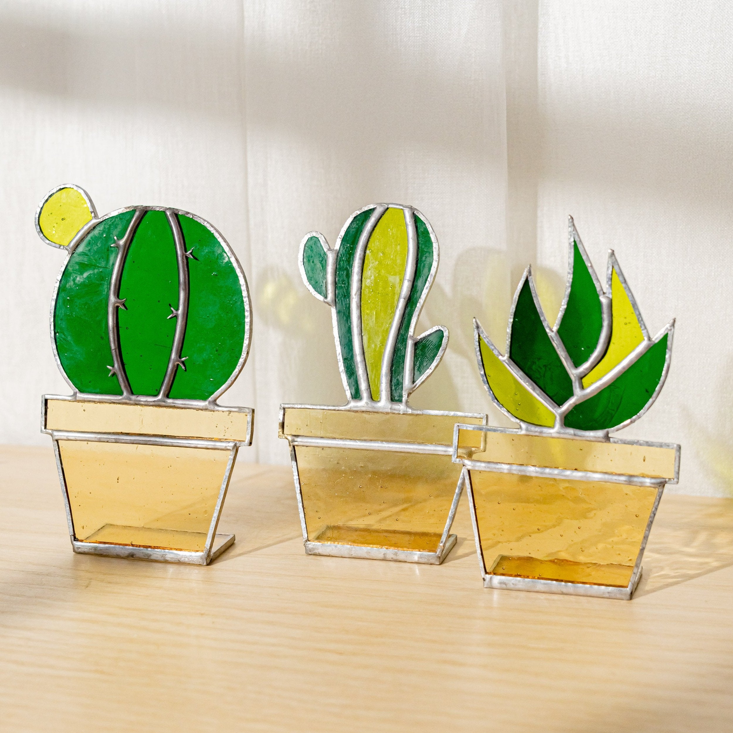 Boho Stained Glass Cactus Planter for Table and Window Decor