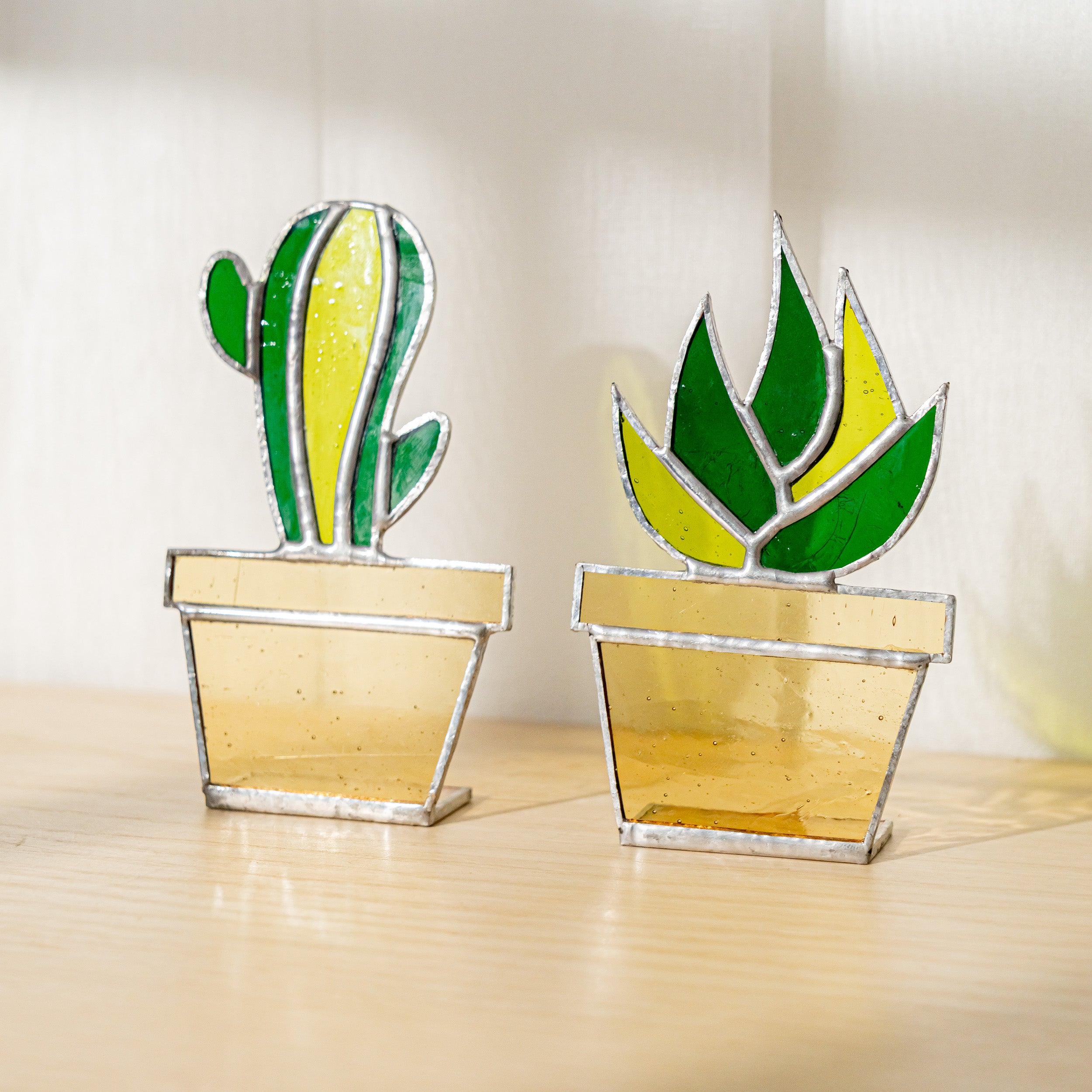 Boho Stained Glass Cactus Planter for Table and Window Decor