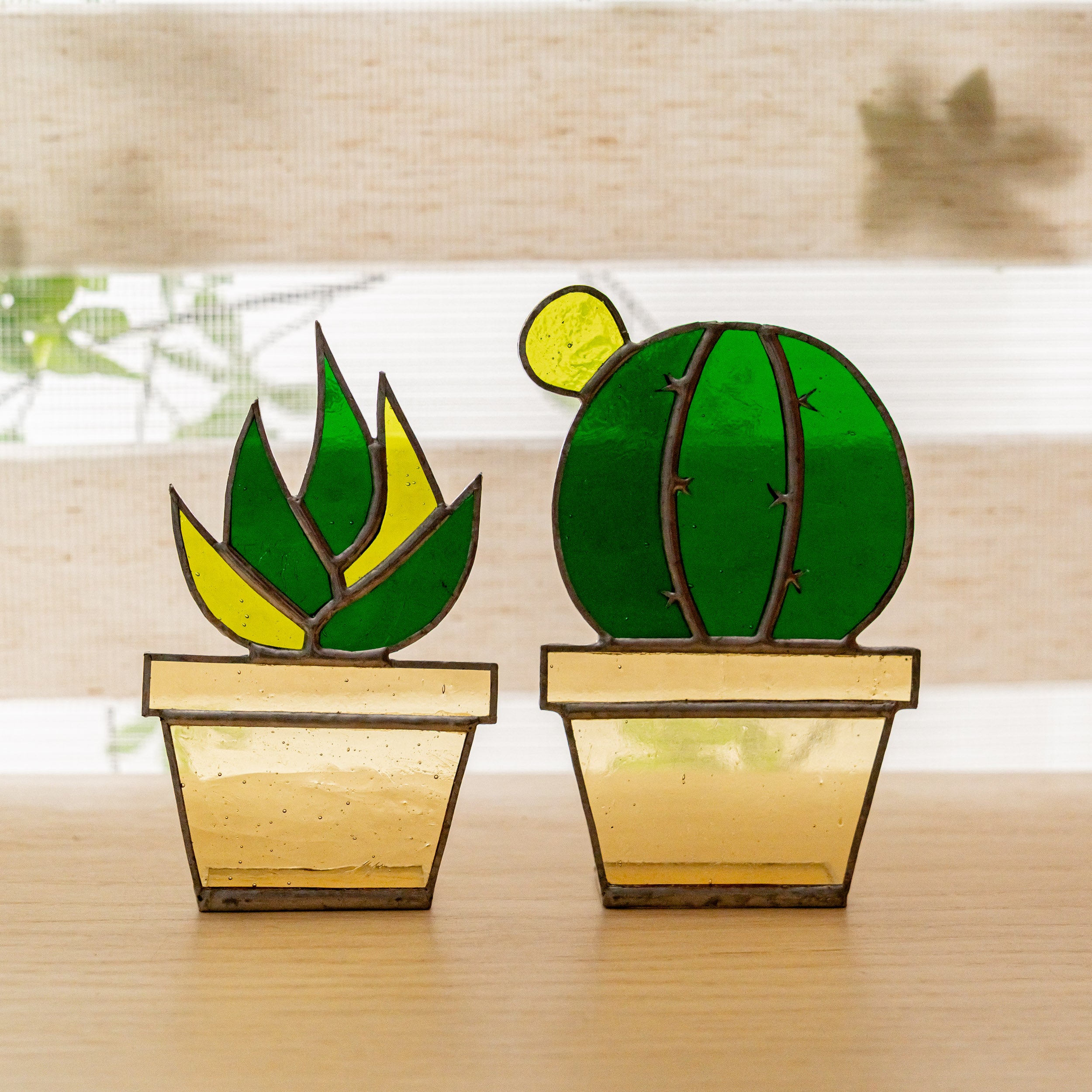 Boho Stained Glass Cactus Planter for Table and Window Decor