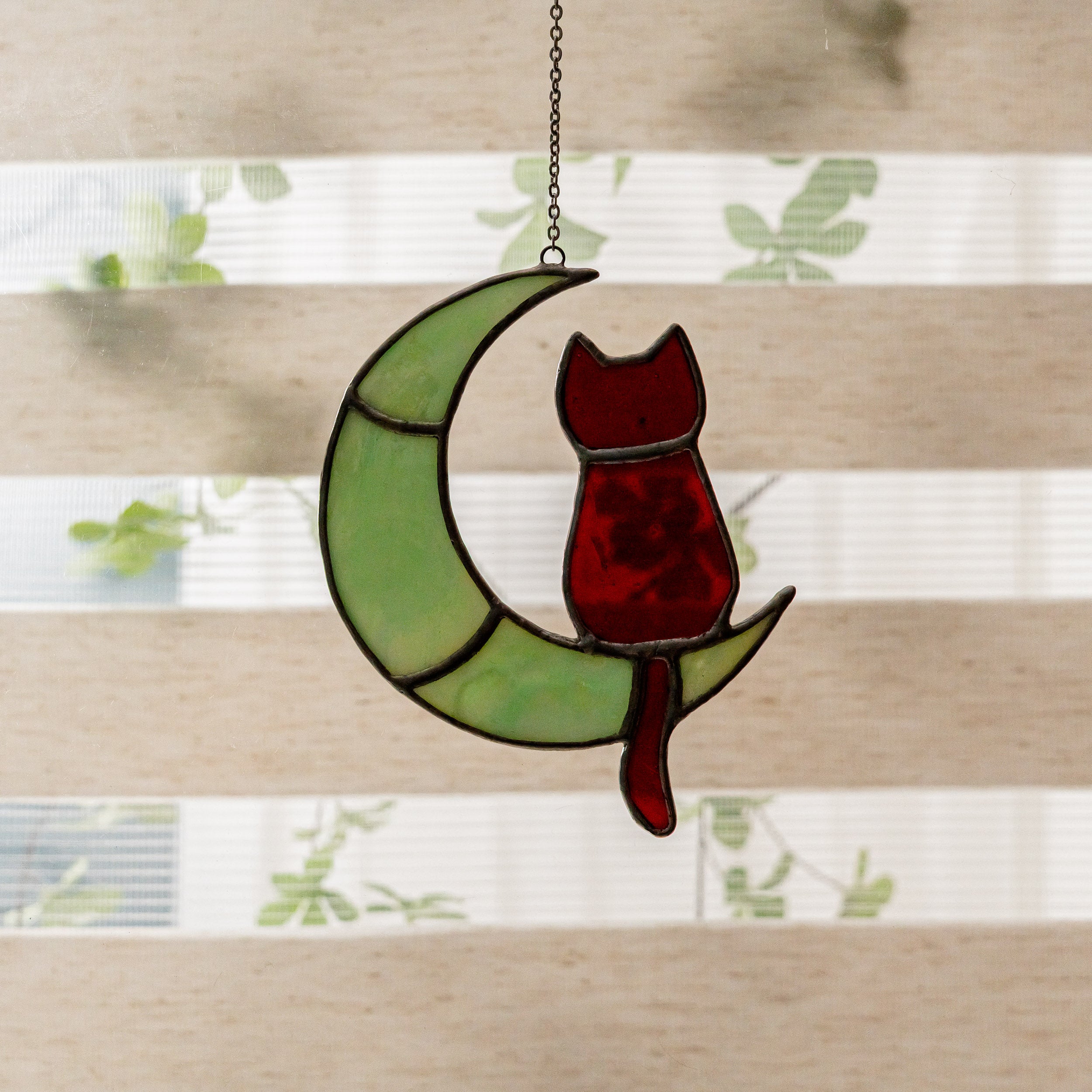 Stained Glass Cat on Crescent Moon For Unique Wall Art Decor