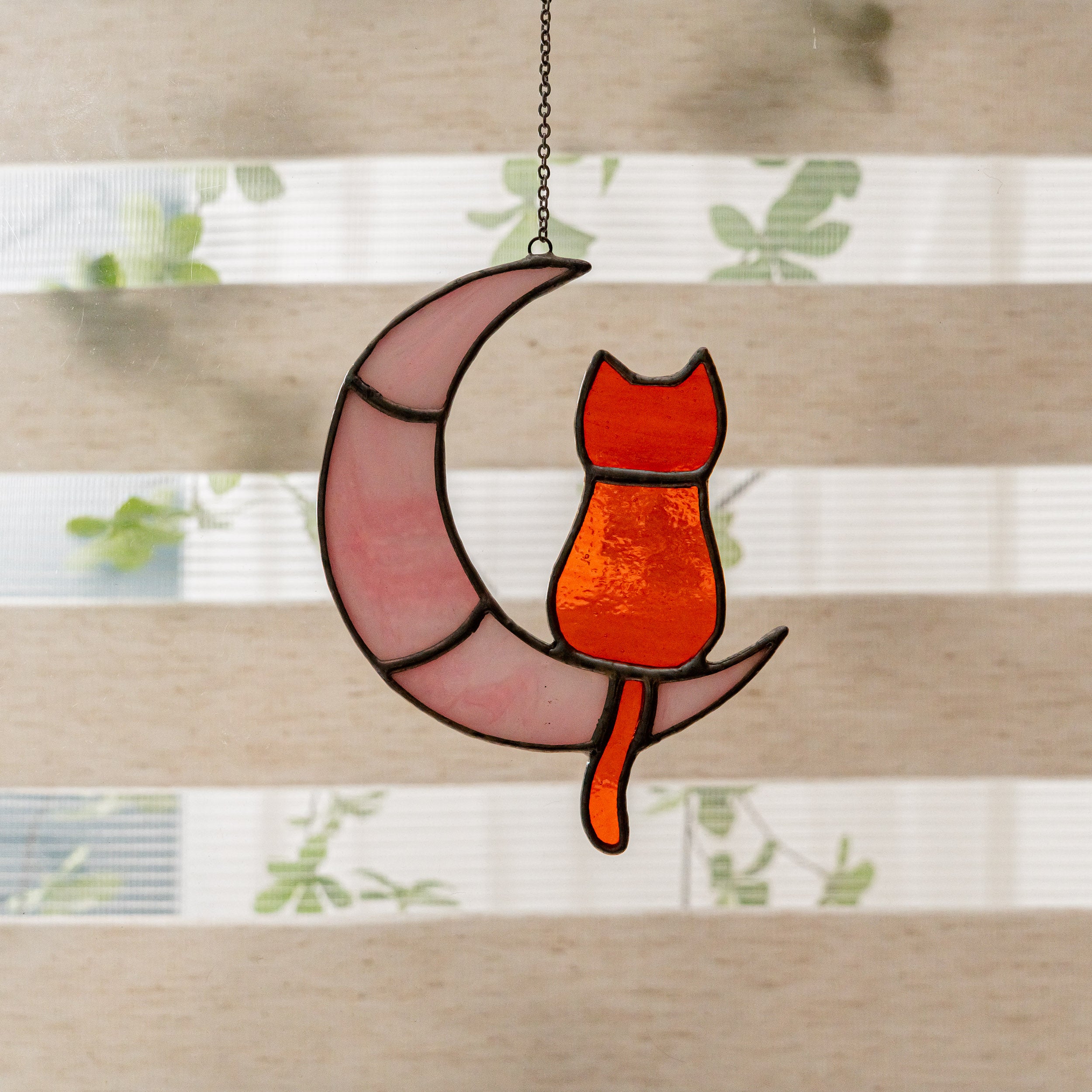 Stained Glass Cat on Crescent Moon For Unique Wall Art Decor