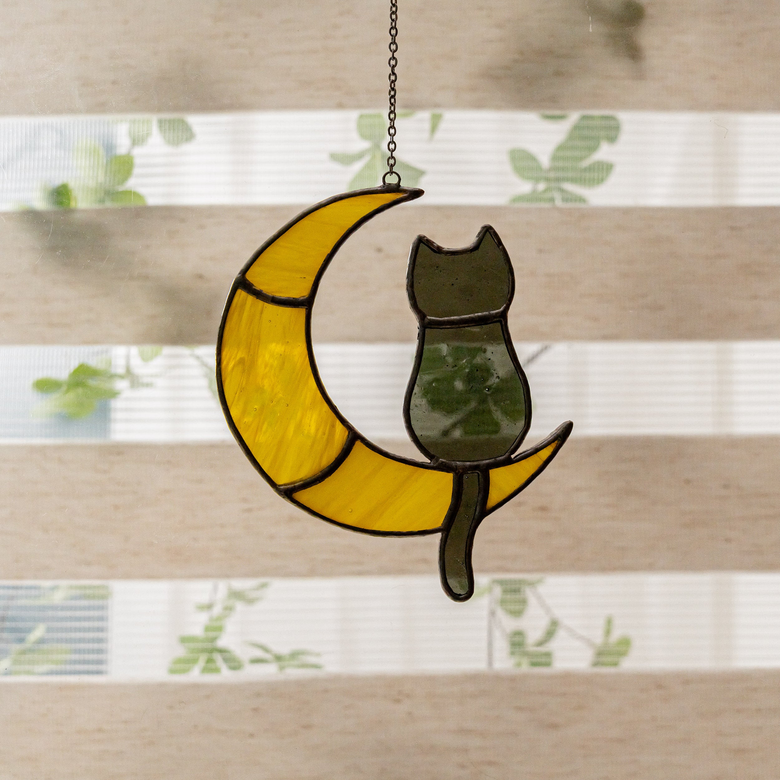 Stained Glass Cat On Crescent Moon For Artistic Wall Decor