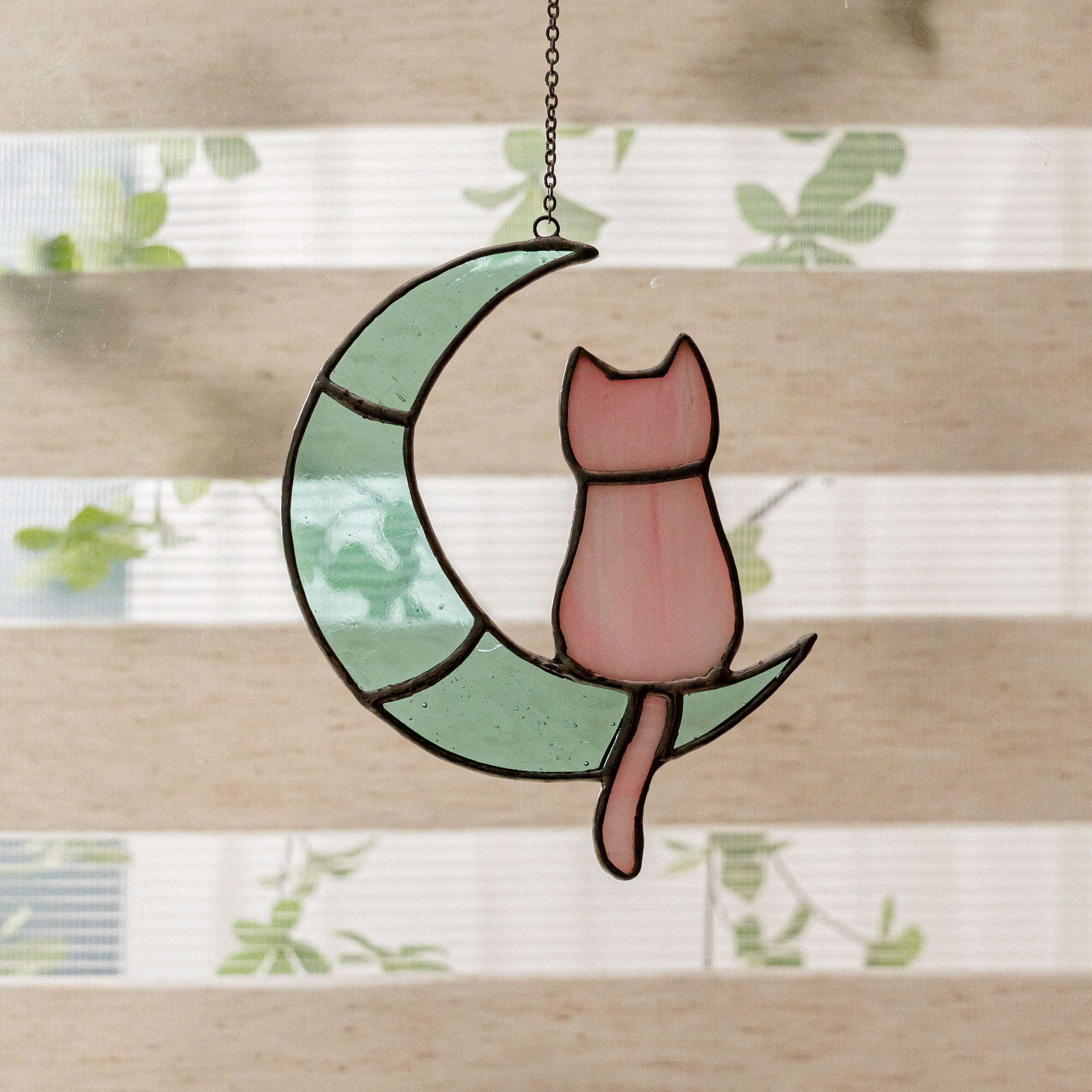 Stained Glass Cat On Crescent Moon For Artistic Wall Decor