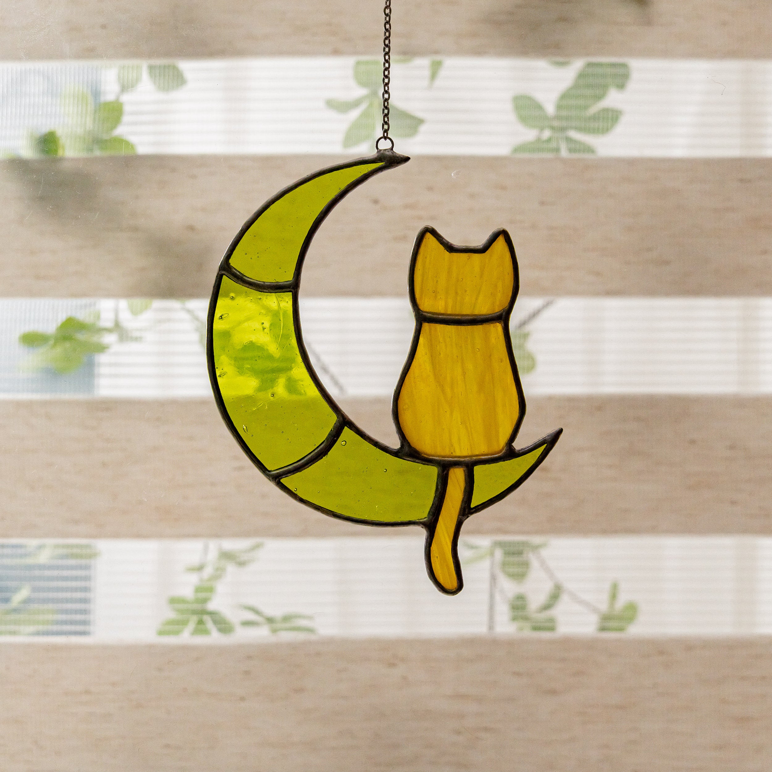 Stained Glass Cat on Crescent Moon For Unique Wall Art Decor