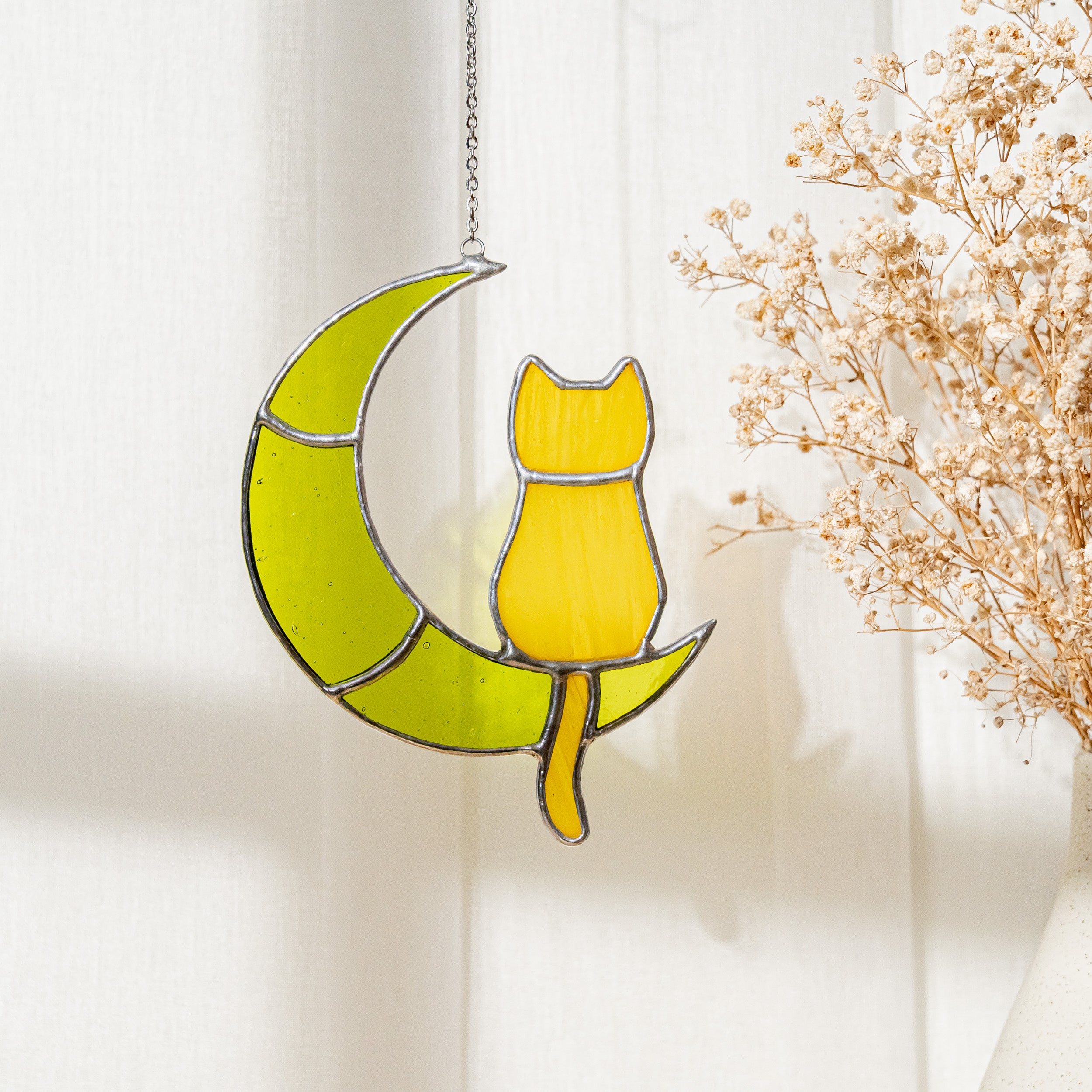 Stained Glass Cat on Crescent Moon For Unique Wall Art Decor