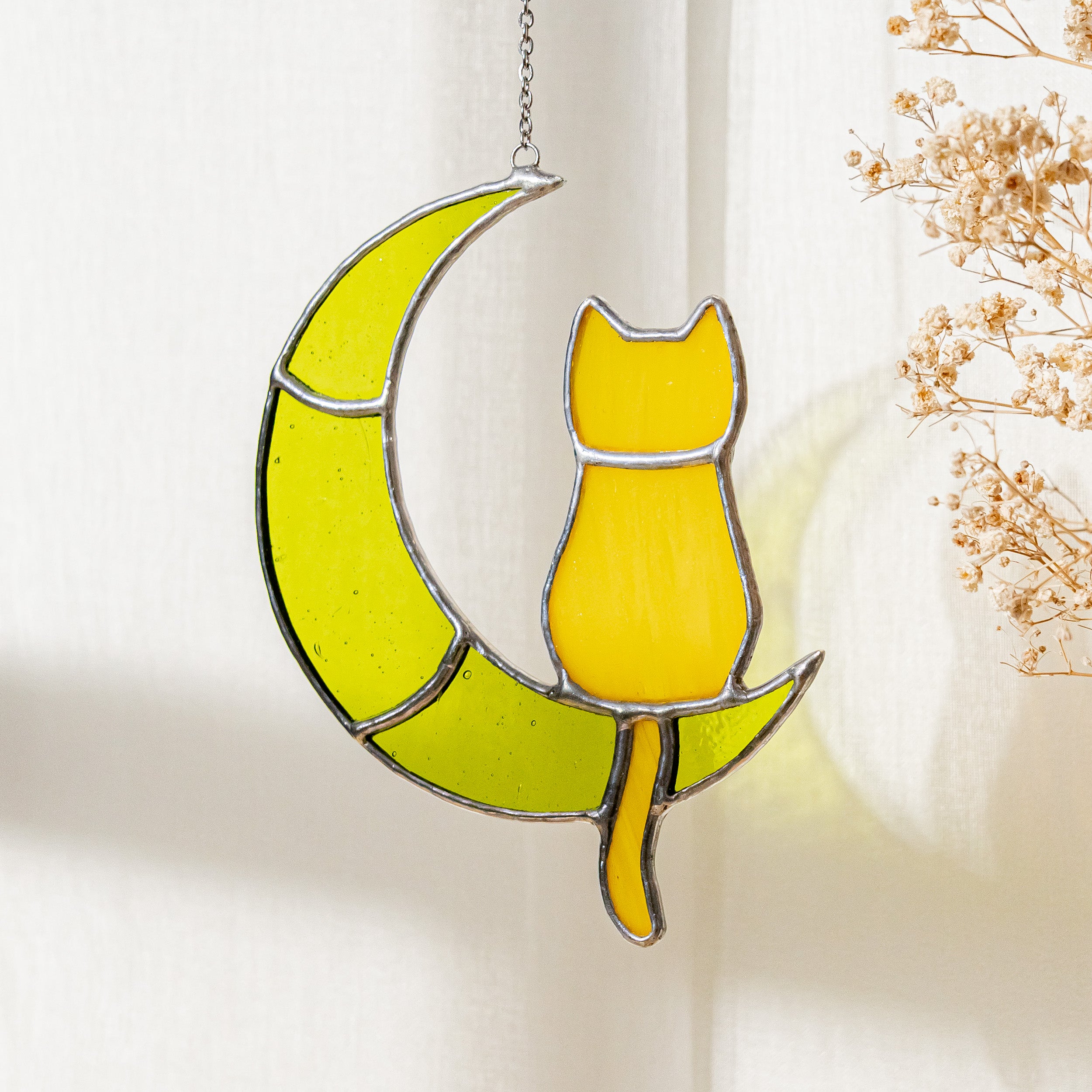 Stained Glass Cat On Crescent Moon For Artistic Wall Decor