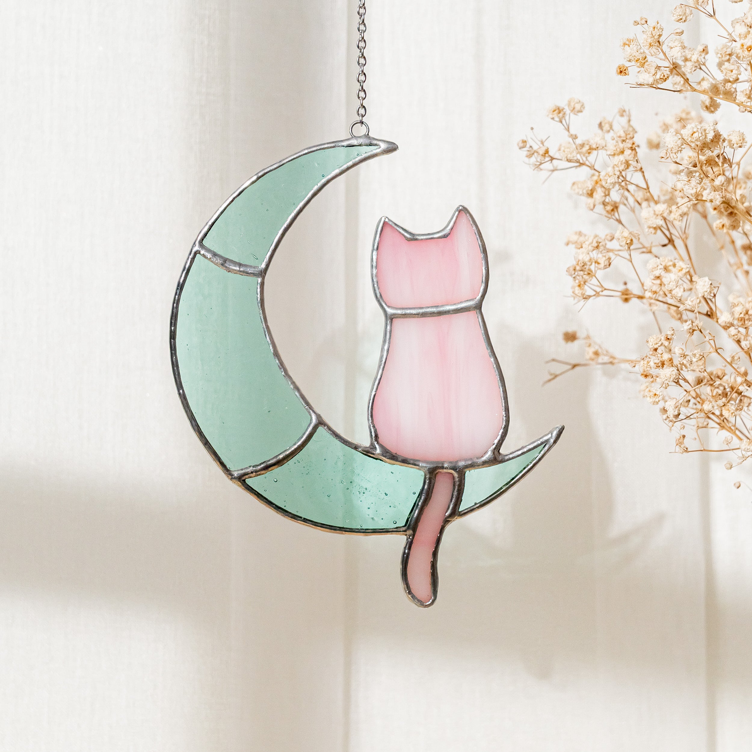 Stained Glass Cat on Crescent Moon For Unique Wall Art Decor