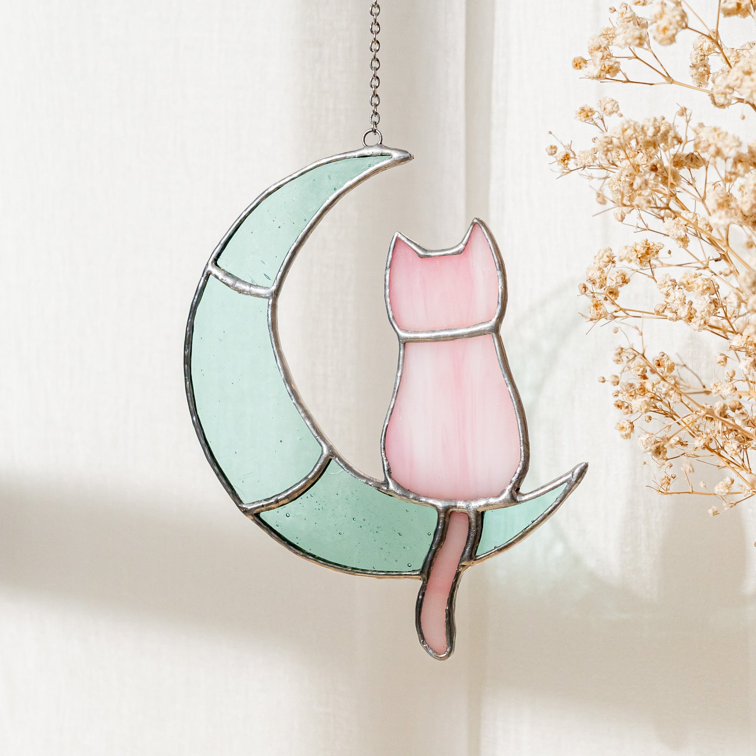 Stained Glass Cat On Crescent Moon For Artistic Wall Decor