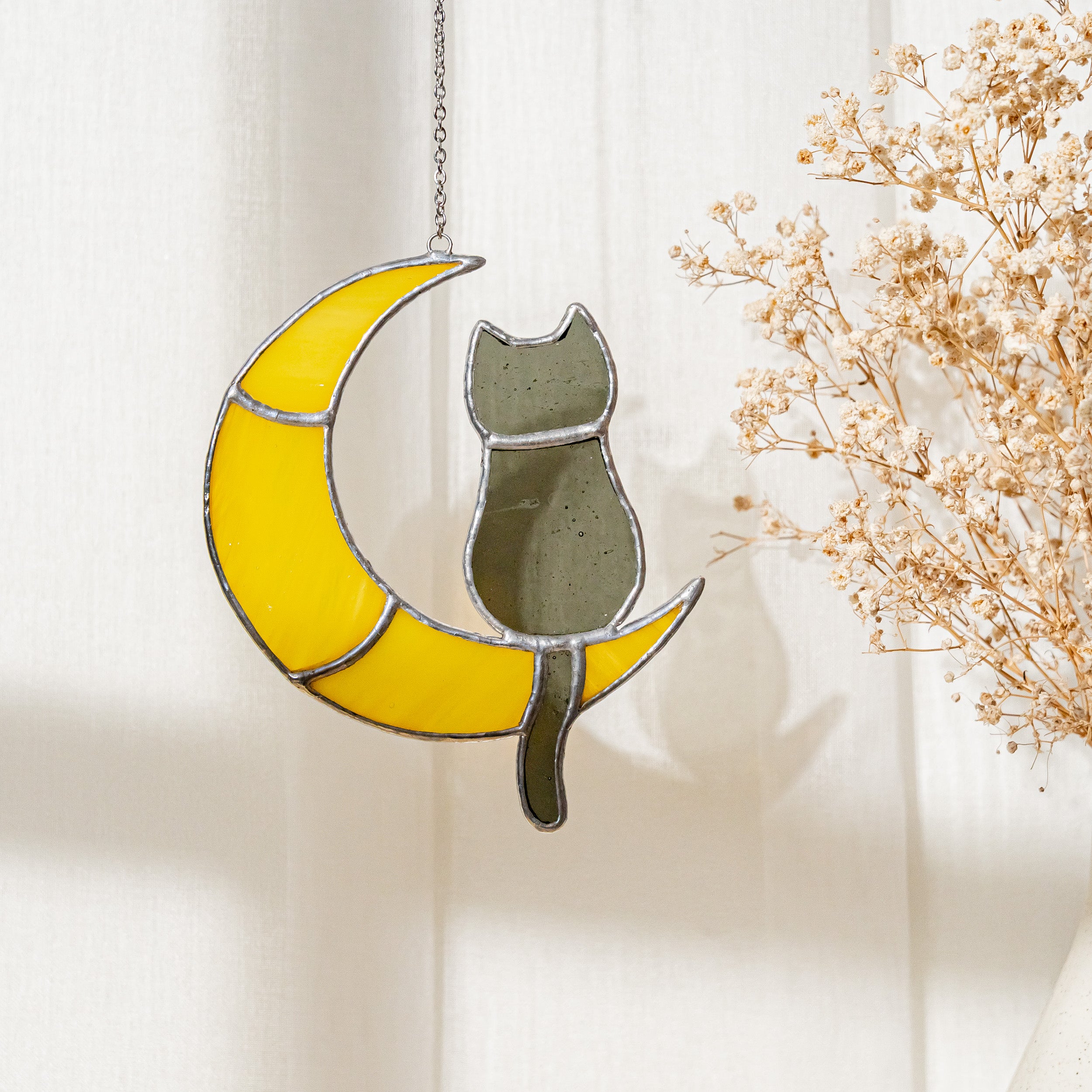 Stained Glass Cat on Crescent Moon For Unique Wall Art Decor