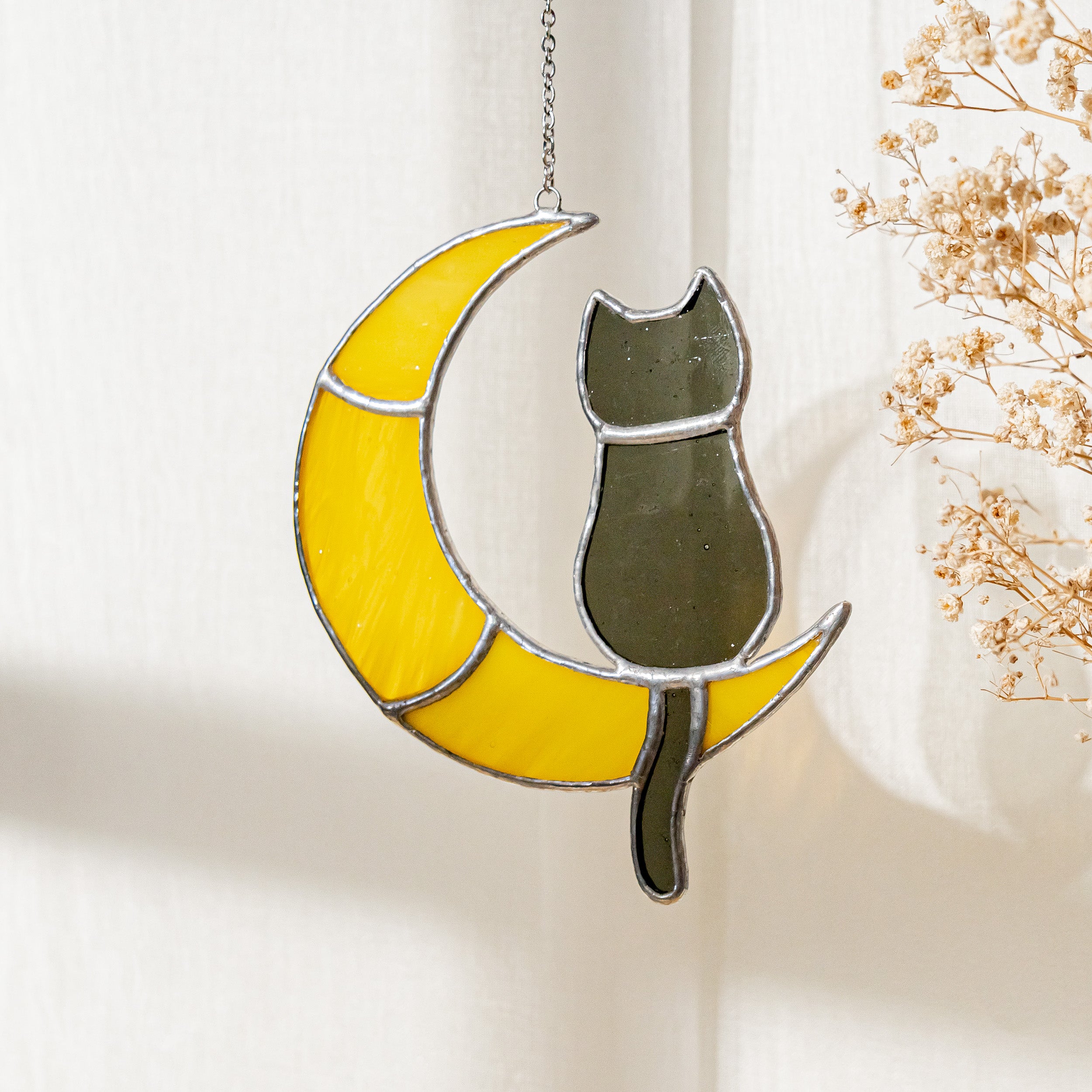 Stained Glass Cat On Crescent Moon For Artistic Wall Decor