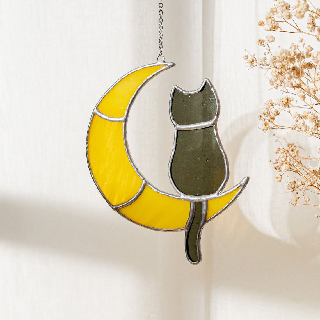Stained Glass Cat on Crescent Moon glass for Stained Glass F13
