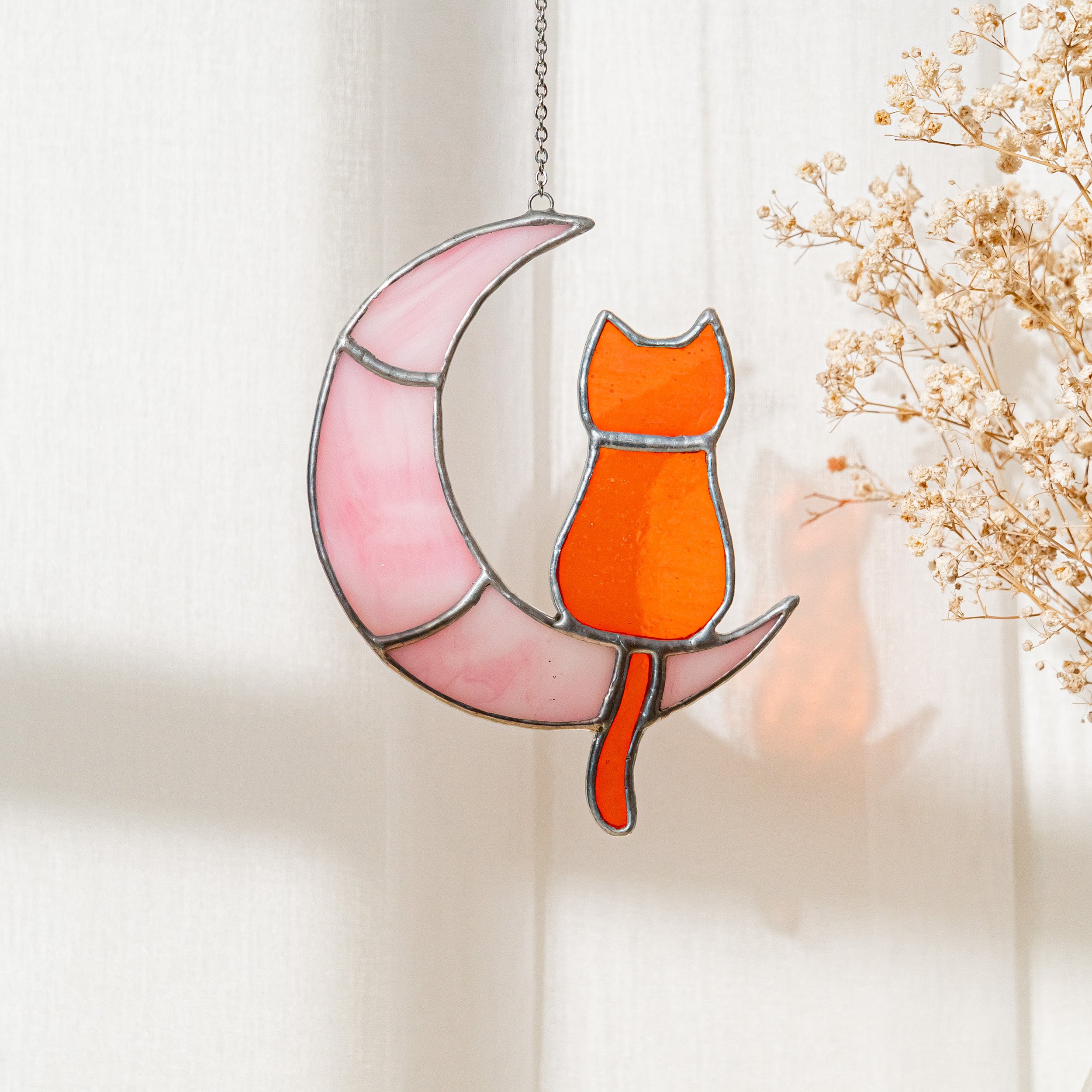 Stained Glass Cat on Crescent Moon For Unique Wall Art Decor